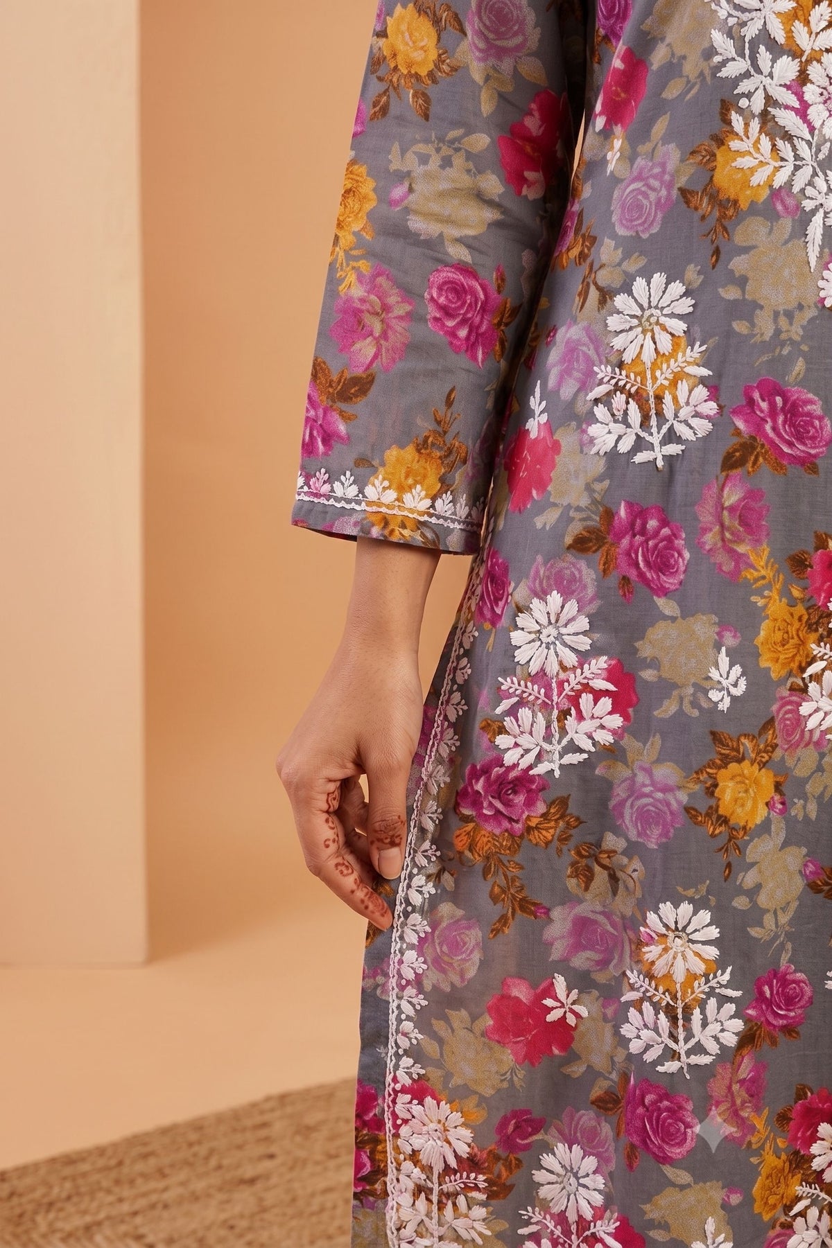 Gray Cotton Printed Chikankari 2 Piece Set