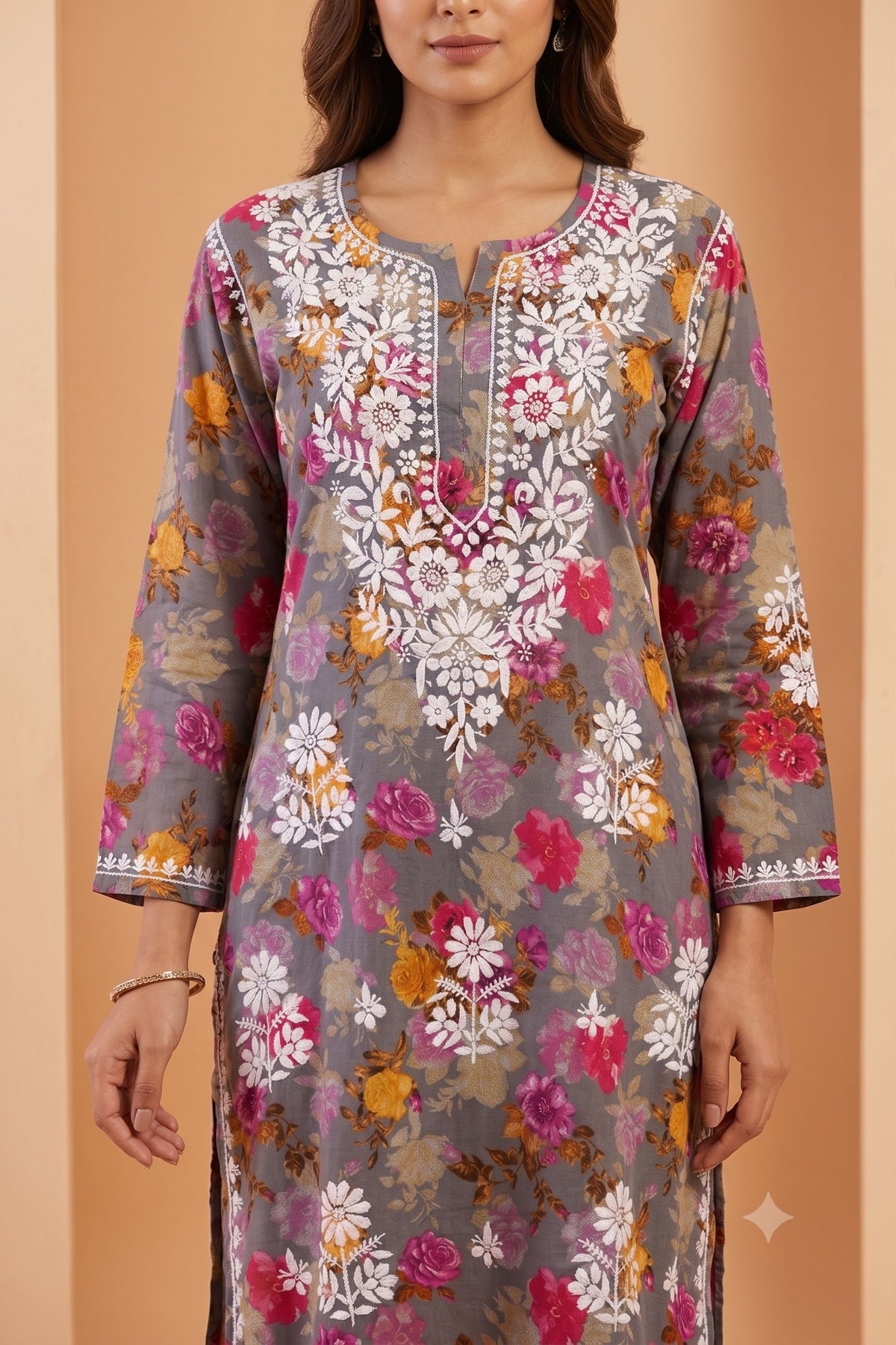 Gray Cotton Printed Chikankari 2 Piece Set