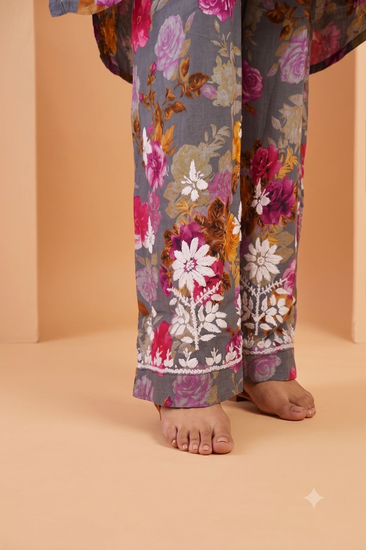 Gray Cotton Printed Chikankari 2 Piece Set