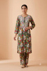 Green Cotton Printed Chikankari 2 Piece Set
