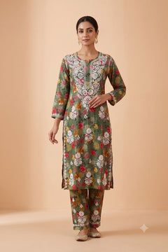 Green Cotton Printed Chikankari 2 Piece Set