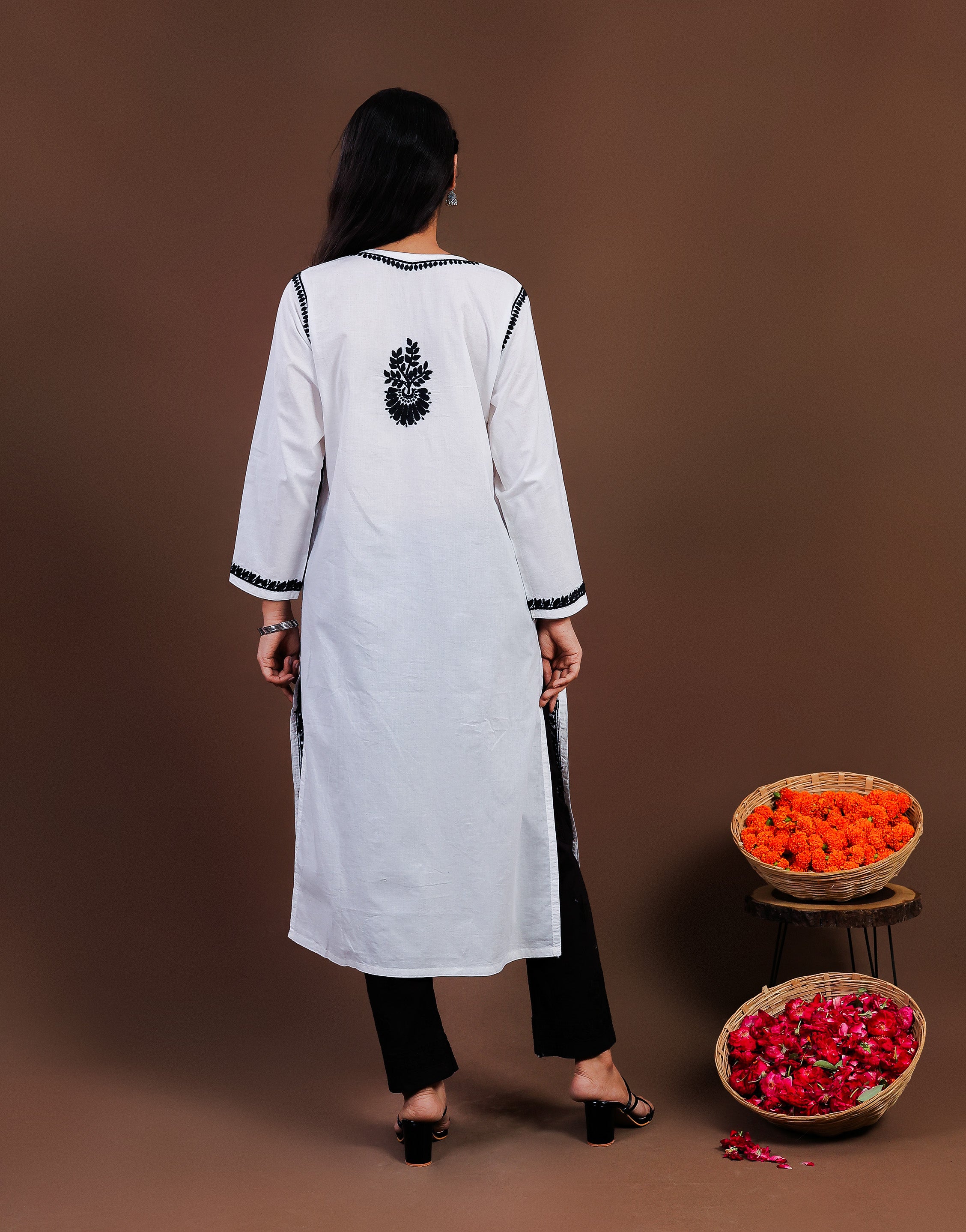 Urviya Chikankari Long Kurti Cambric Cotton - Black Thread on White