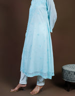 Urviya Chikankari Kota Doria Long Kurti - Side Button Blue