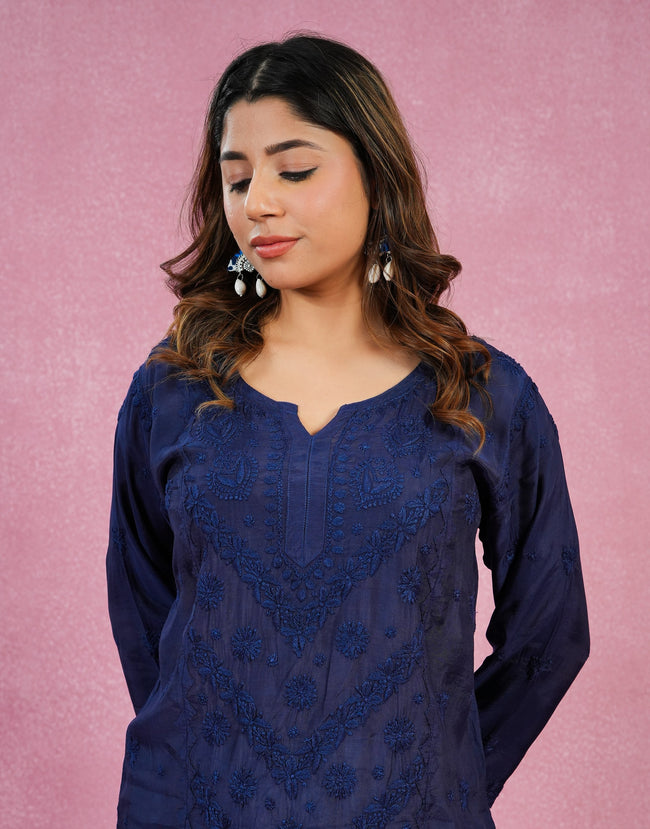Urviya Chikankari Muslin Short Kurti – Daraj Work Dark Blue