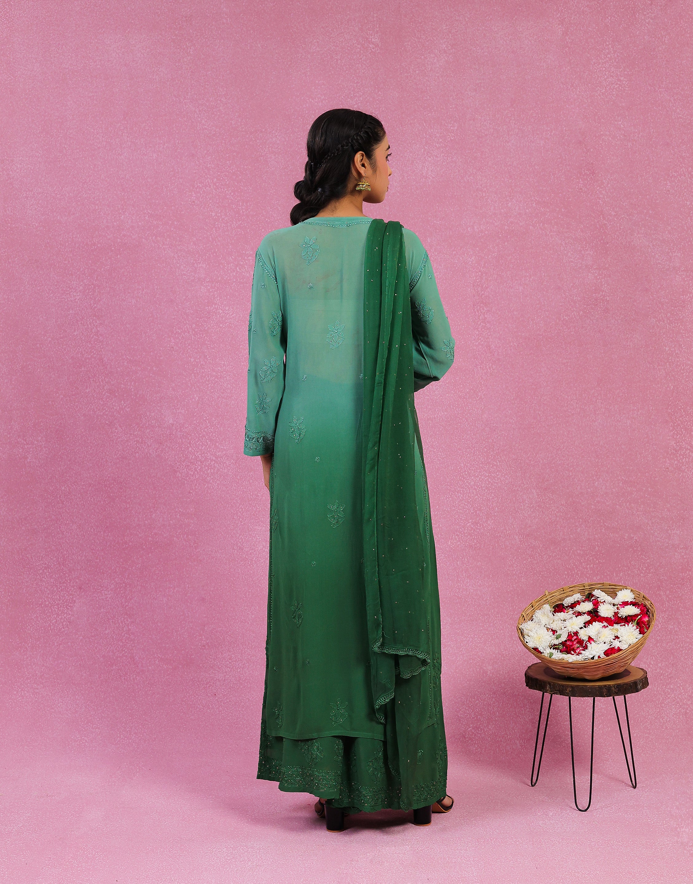 Urviya Chikankari Georgette 3 Piece set with Mukaish Work Green