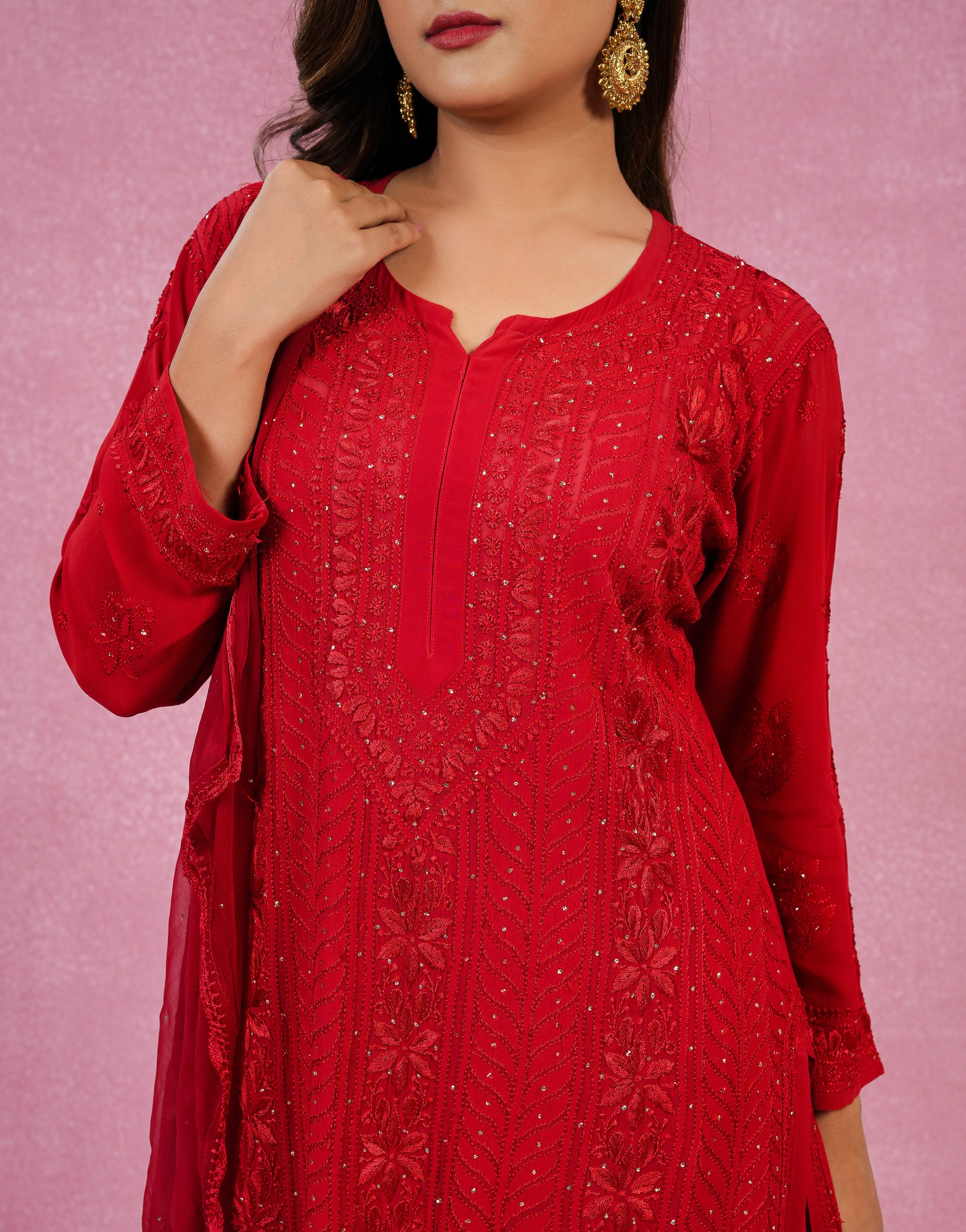 Urviya Chikankari Georgette 3 Piece set with Mukaish Work Red