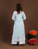 Urviya Chikankari Mul Chanderi Long Kurti – Straight Cut with Jaali Boota Light Blue