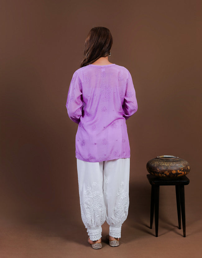 Urviya Chikankari Muslin Short Kurti - Silk Thread Full Jaal Work Purple