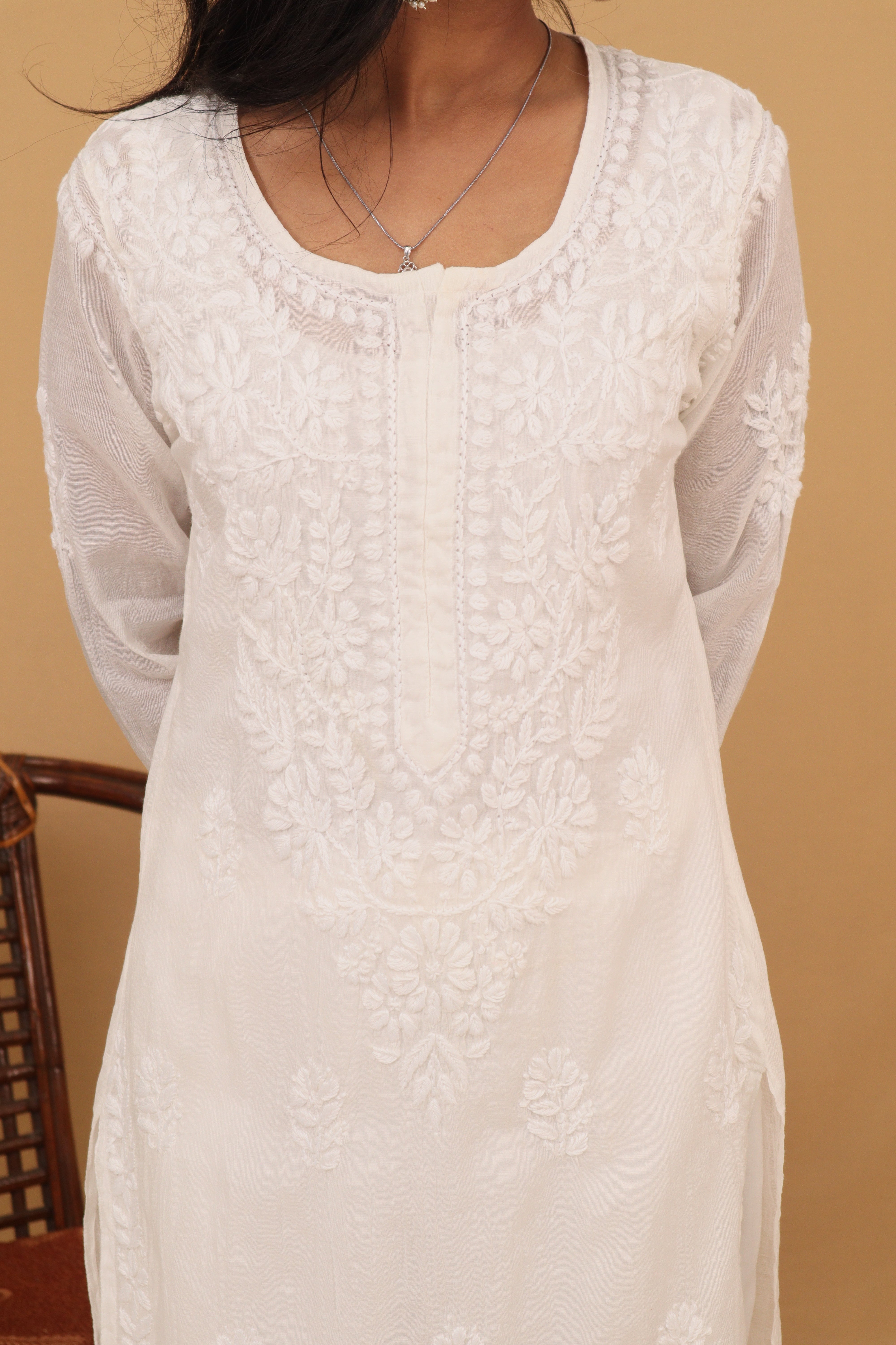 White Mul Chanderi Long Kurti 2 Piece Set