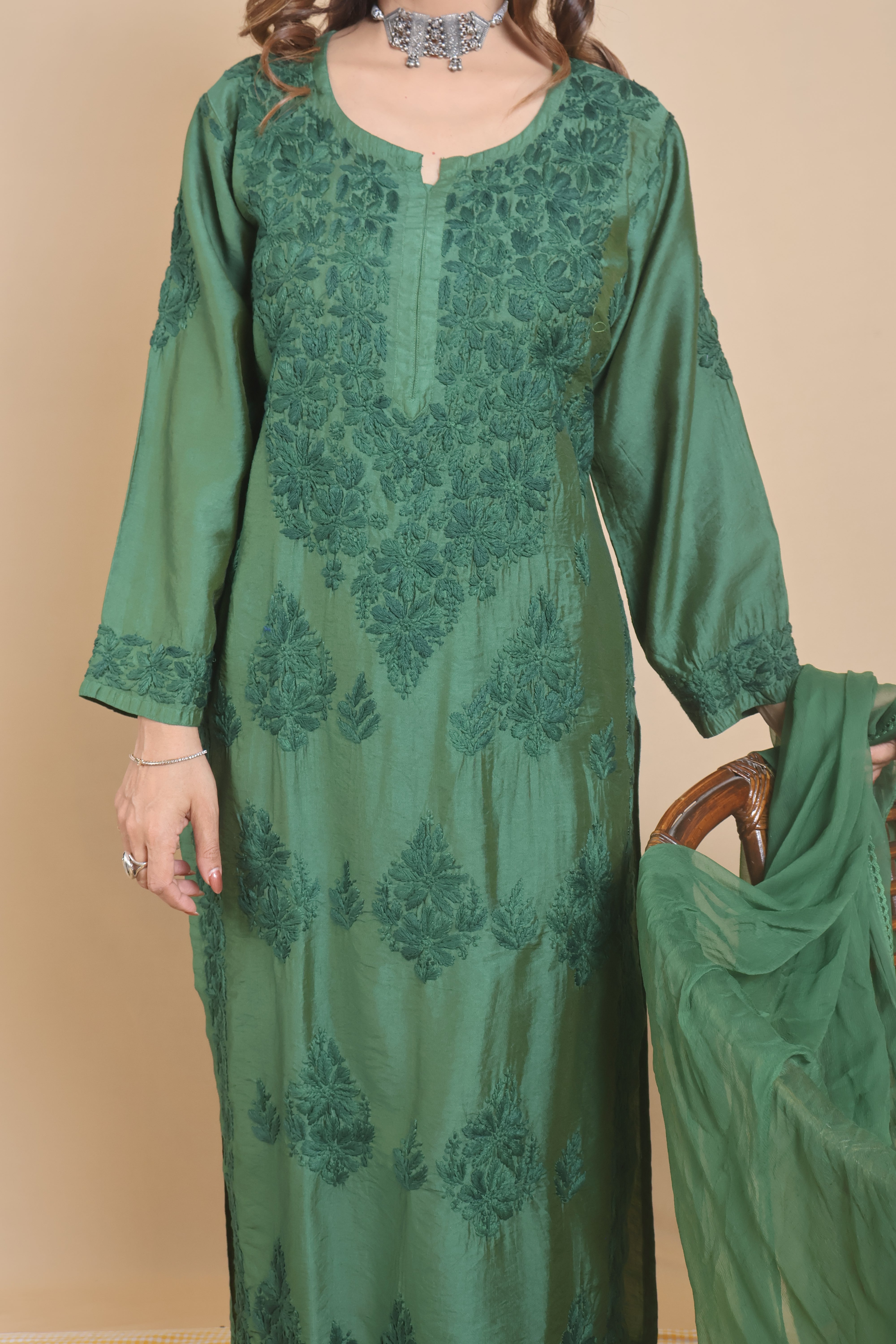 Green Chanderi Ghaspatti 3 Piece Set