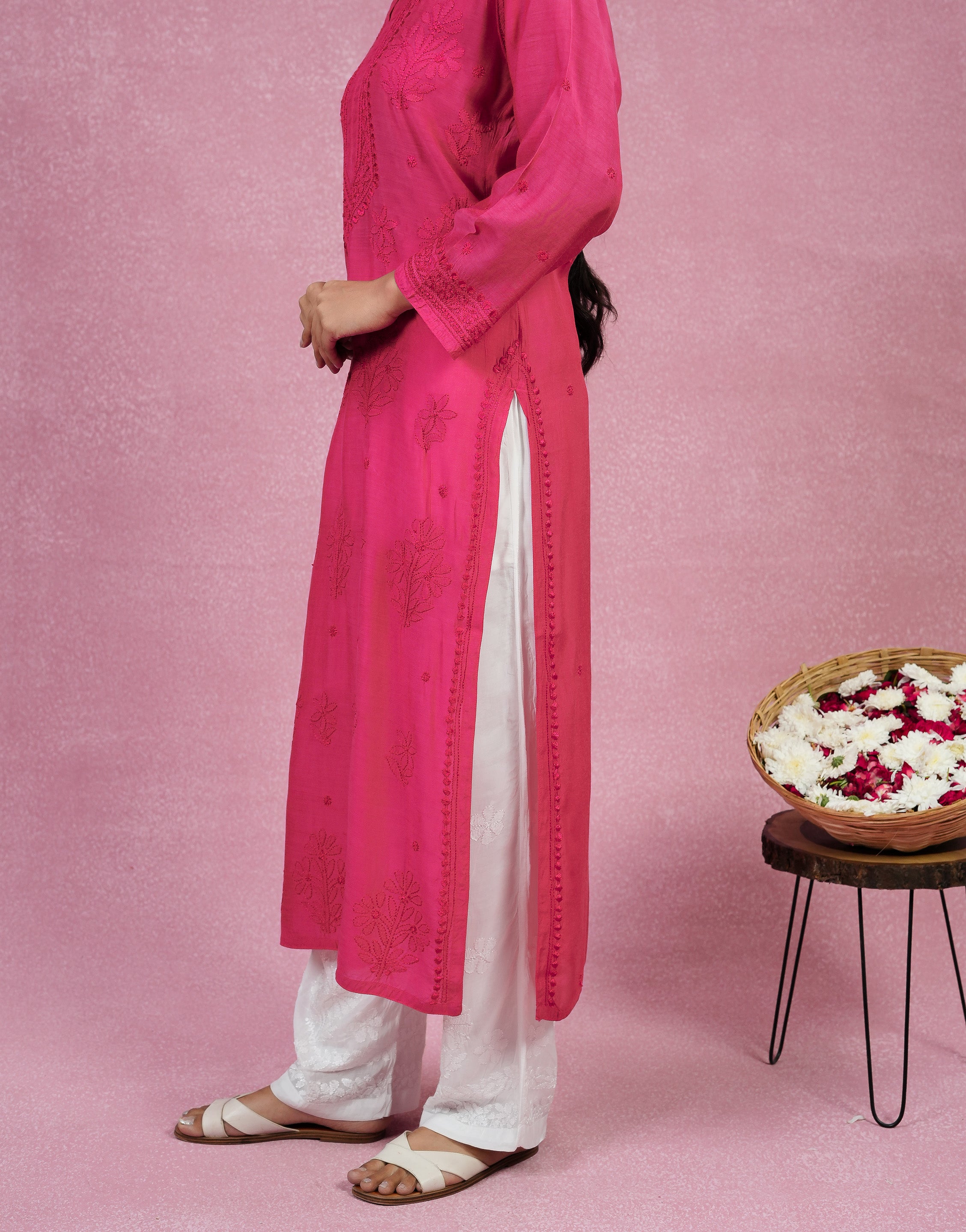 Urviya Chikankari Muslin Long Kurti - Ghaspatti Gala Bakhiya Boota Hot Pink