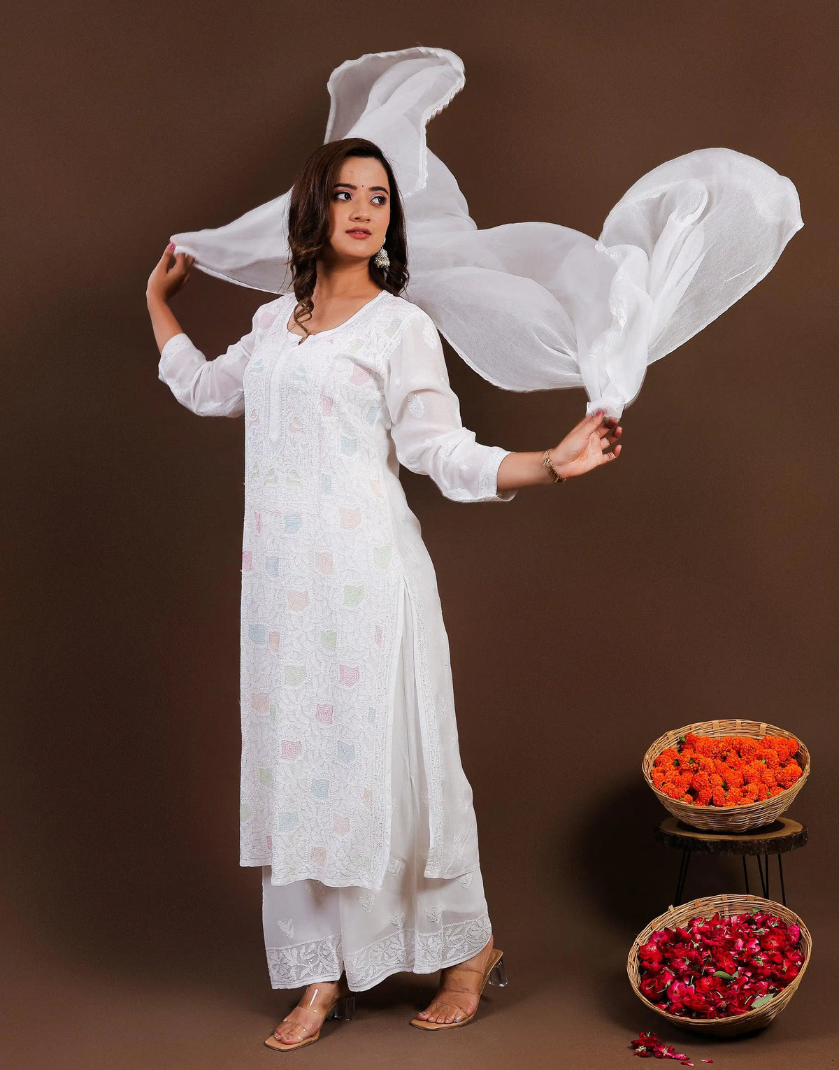 White Muslin Colourful Cutdaana Long Kurti
