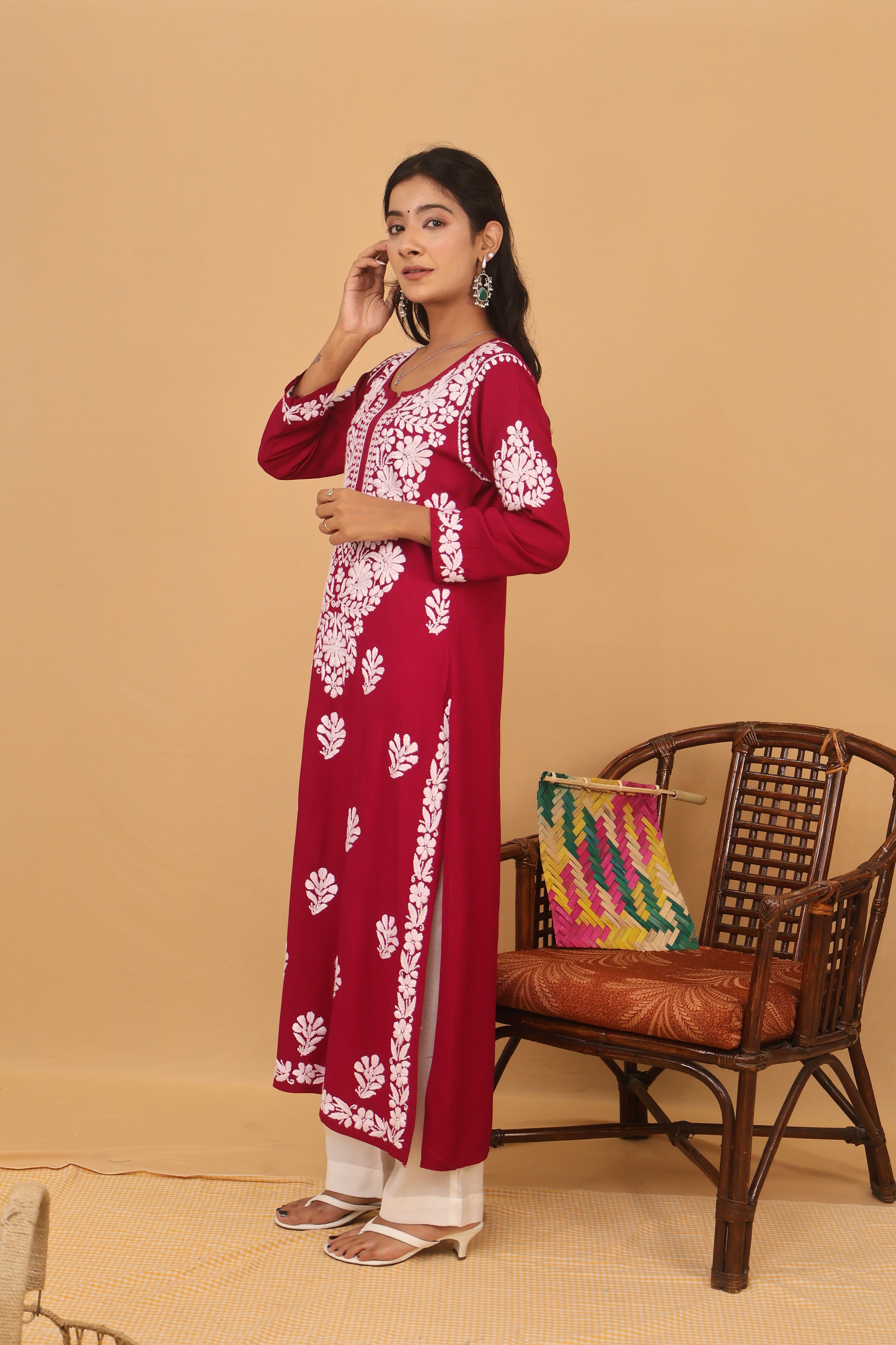 Wine Rayon White Long Kurti