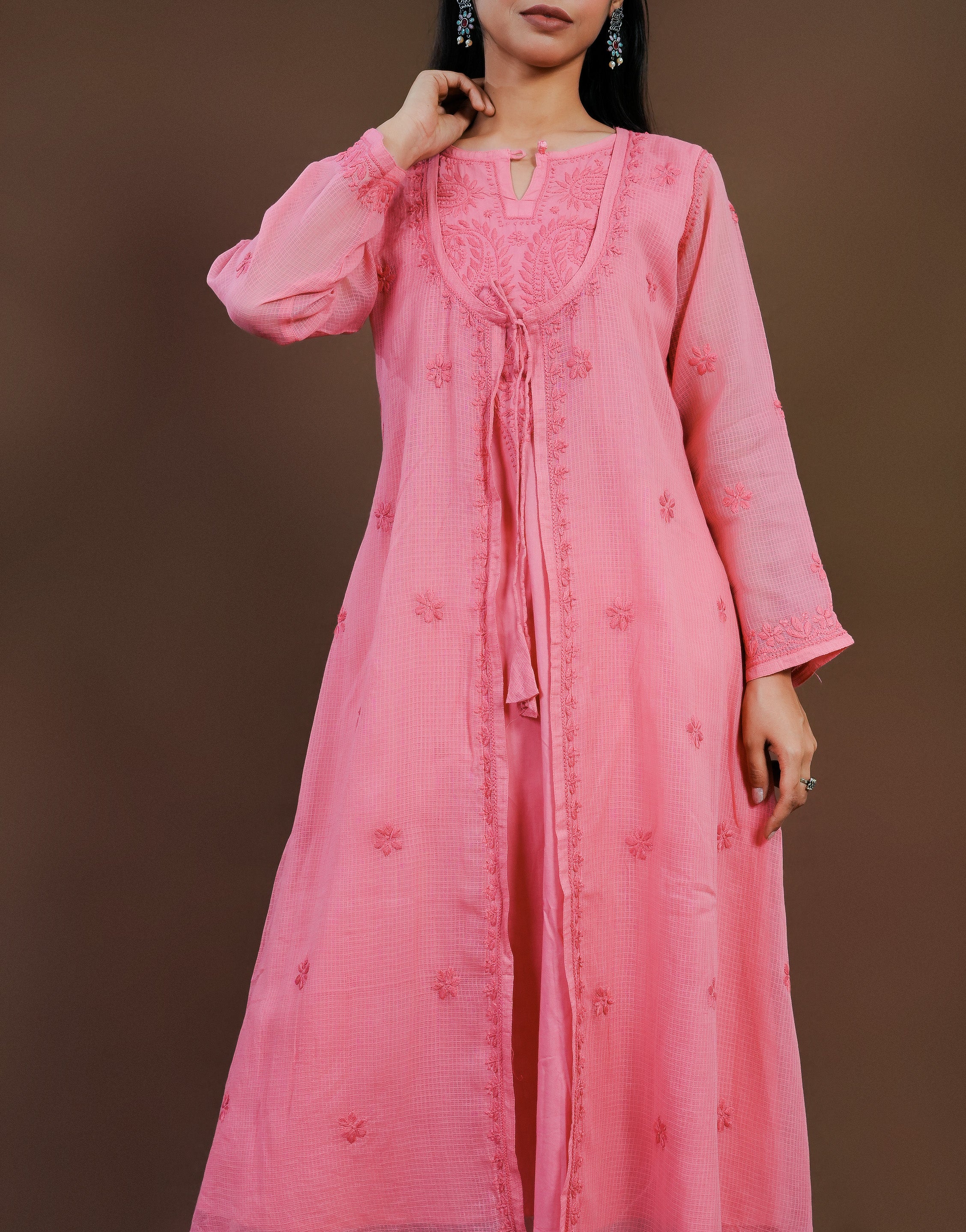 Urviya Chikankari Kota Doria Long Kurti - Shrug Style Pink