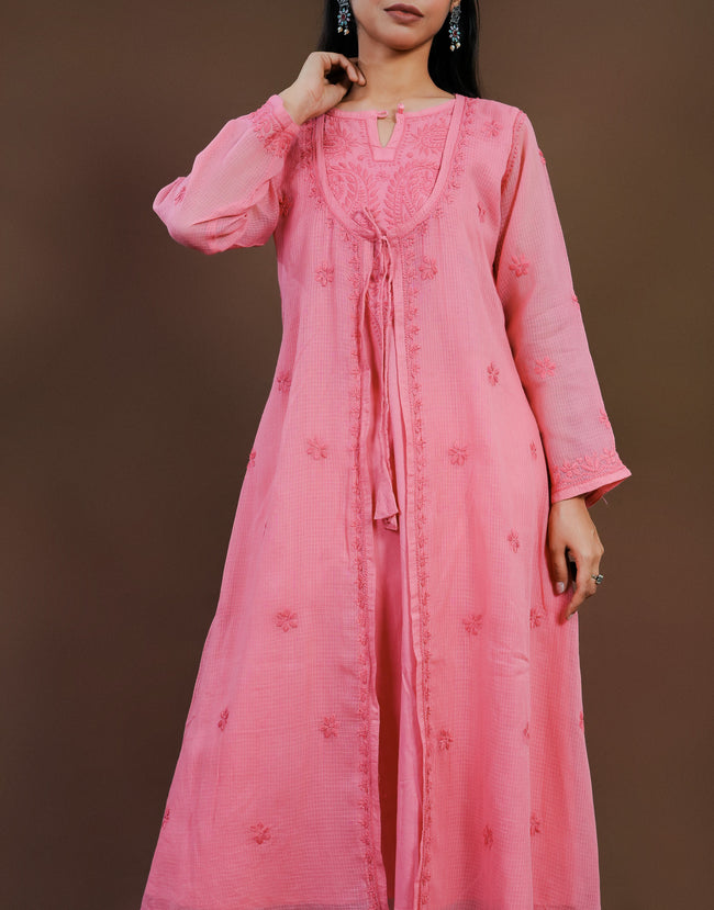 Urviya Chikankari Kota Doria Long Kurti - Shrug Style Green