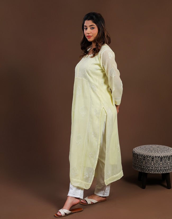 Urviya Chikankari Mul Chanderi Long Kurti – Nyra Cut with Jaali Boota Yellow