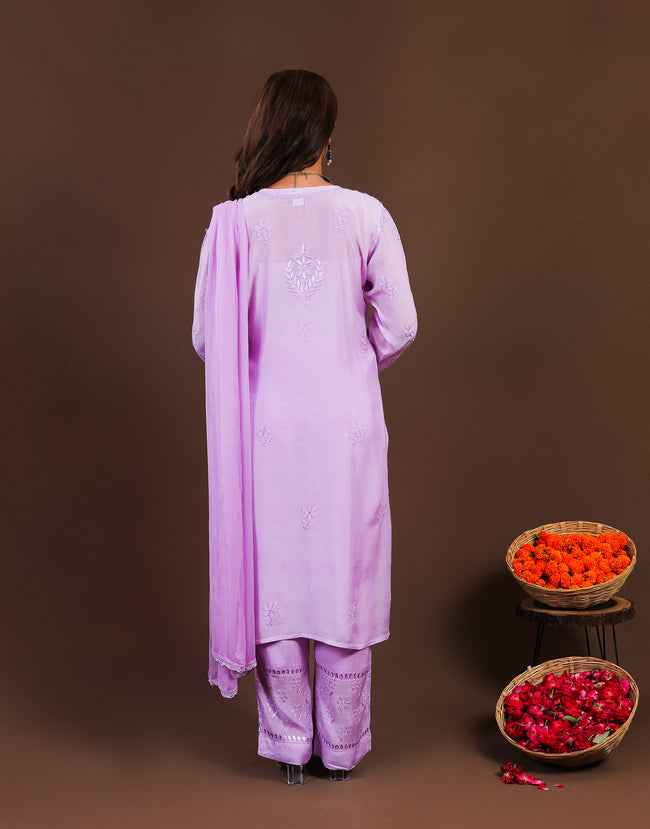 Urviya Chikankari Muslin 3 piece set - Bakhiya Ghaaspatti Work and Gala Boota Brick Red