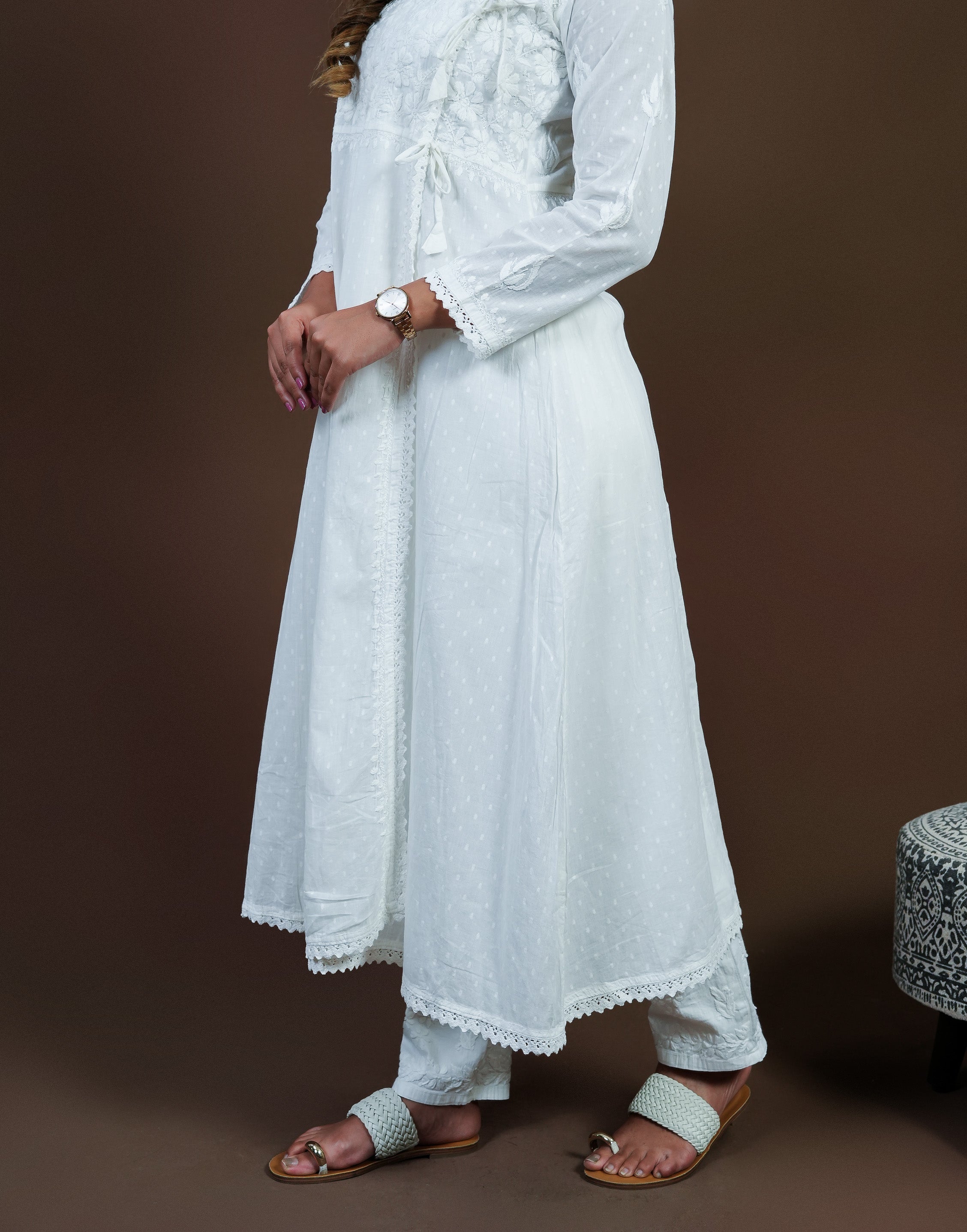 Urviya Chikankari Dobbie Cotton Long Kurti Angarkha Style White