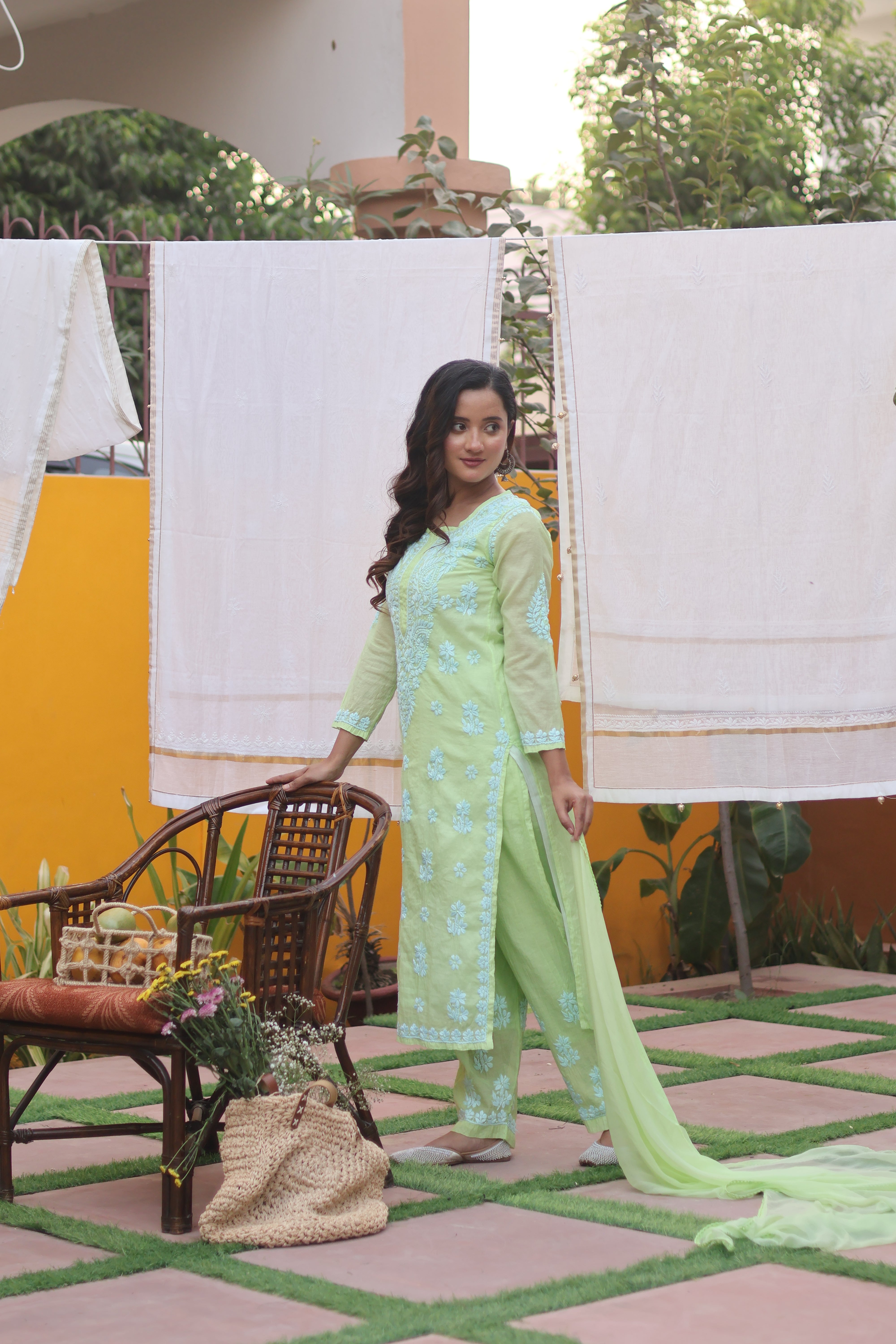 Green Mul Chanderi Ghaspatti 3 Piece Set