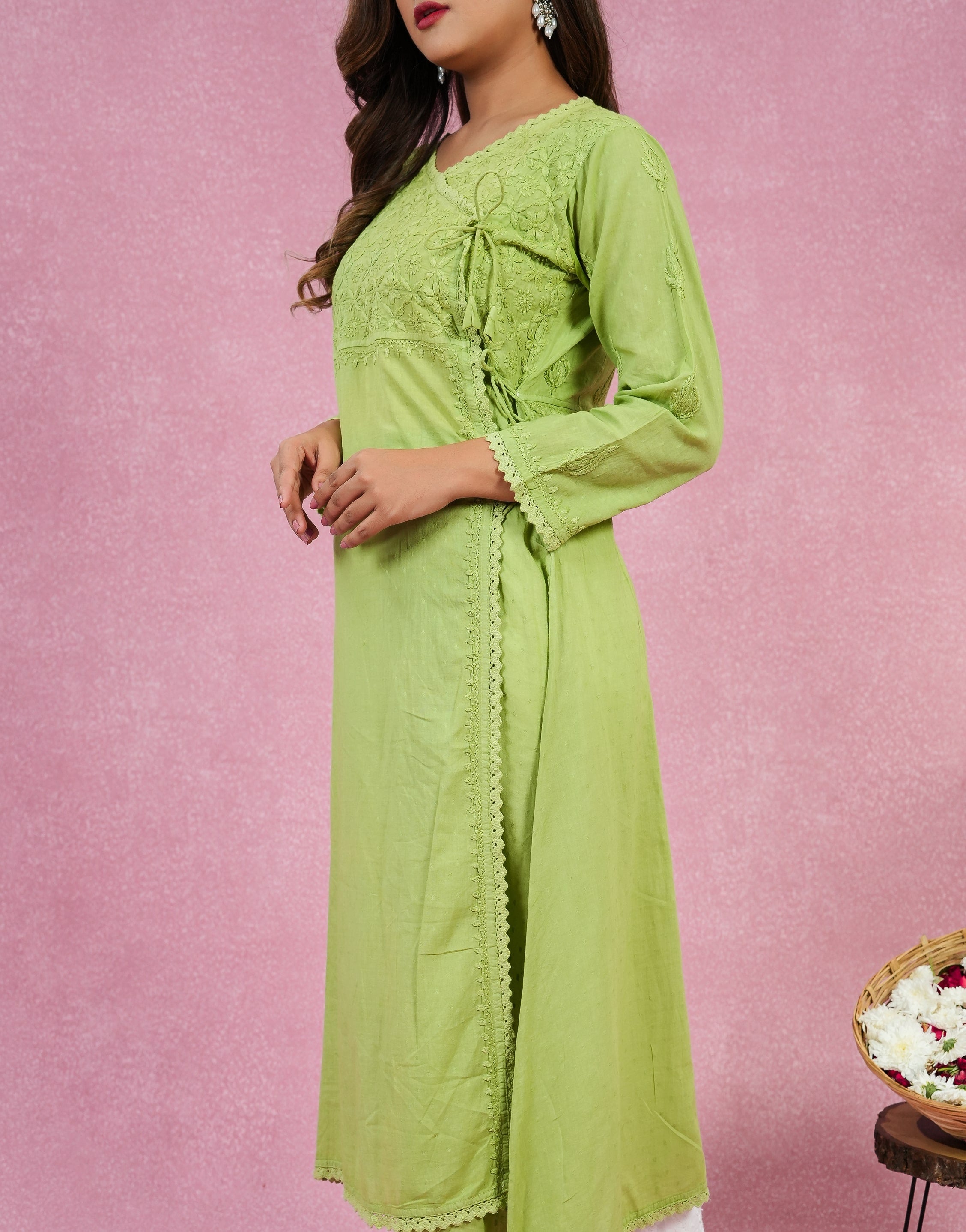 Urviya Chikankari Dobbie Cotton Long Kurti Angarkha Style Green
