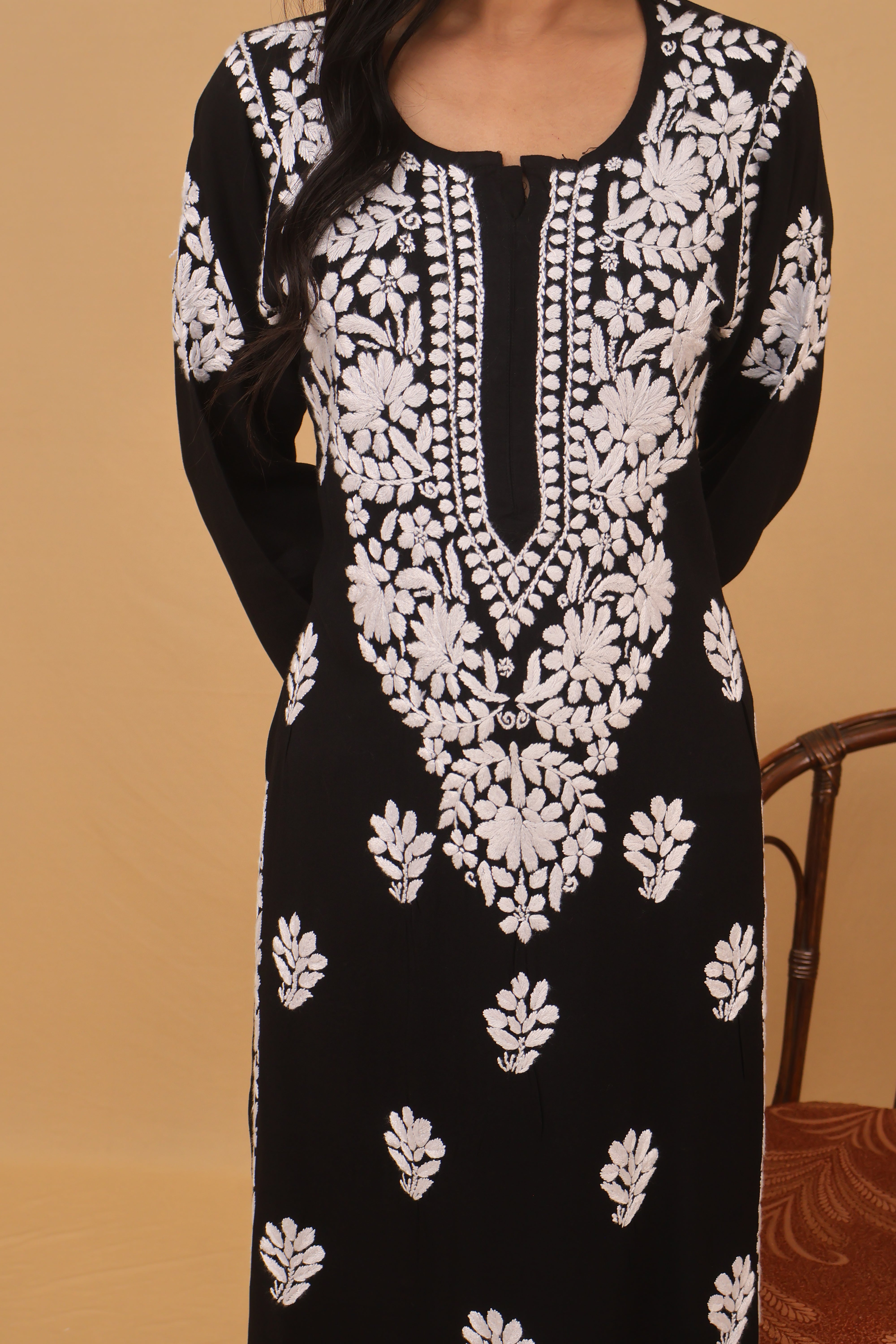 Black Rayon White Long Kurti