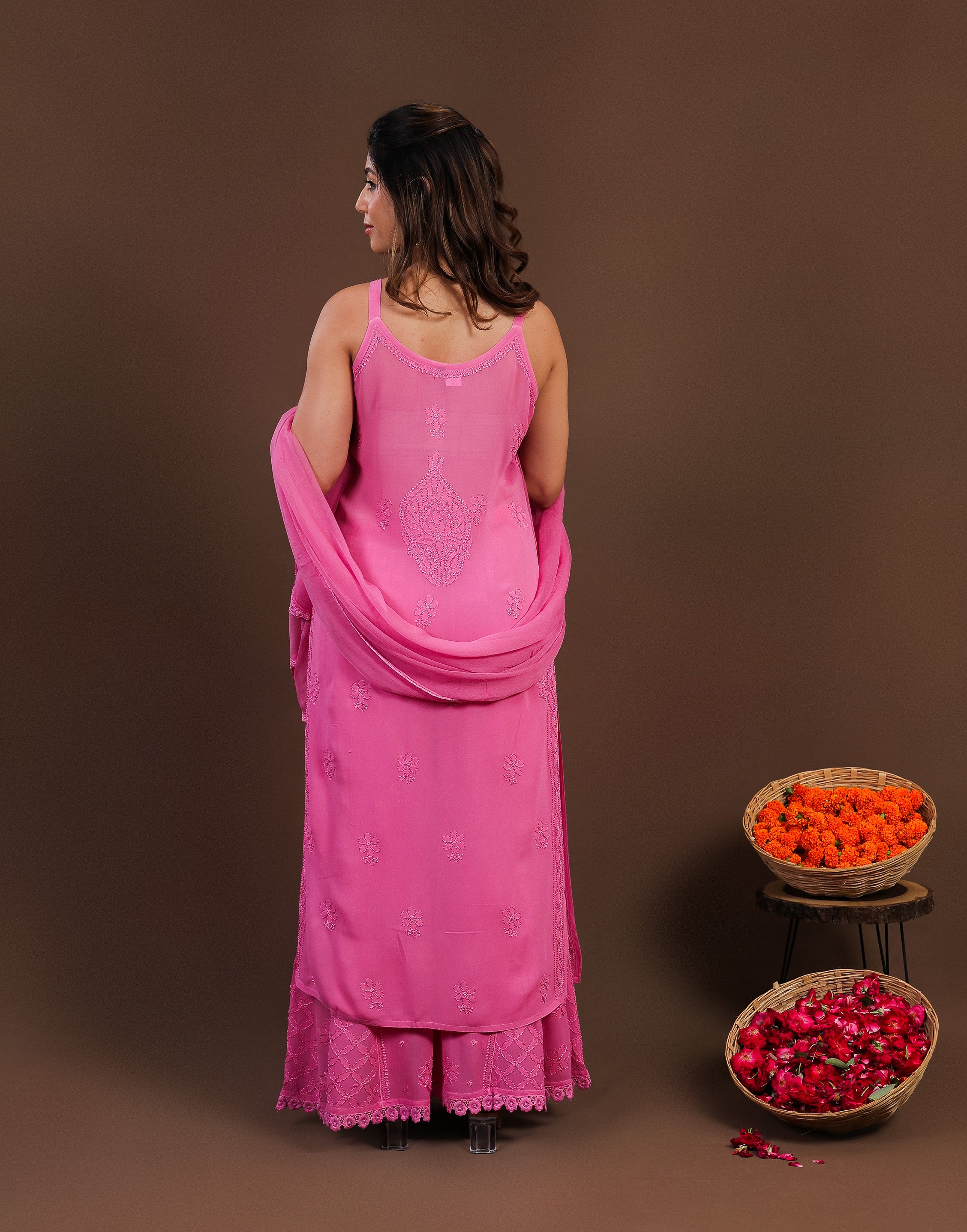 Urviya Chikankari Georgette 3 piece set - Long Spaghetti Pink