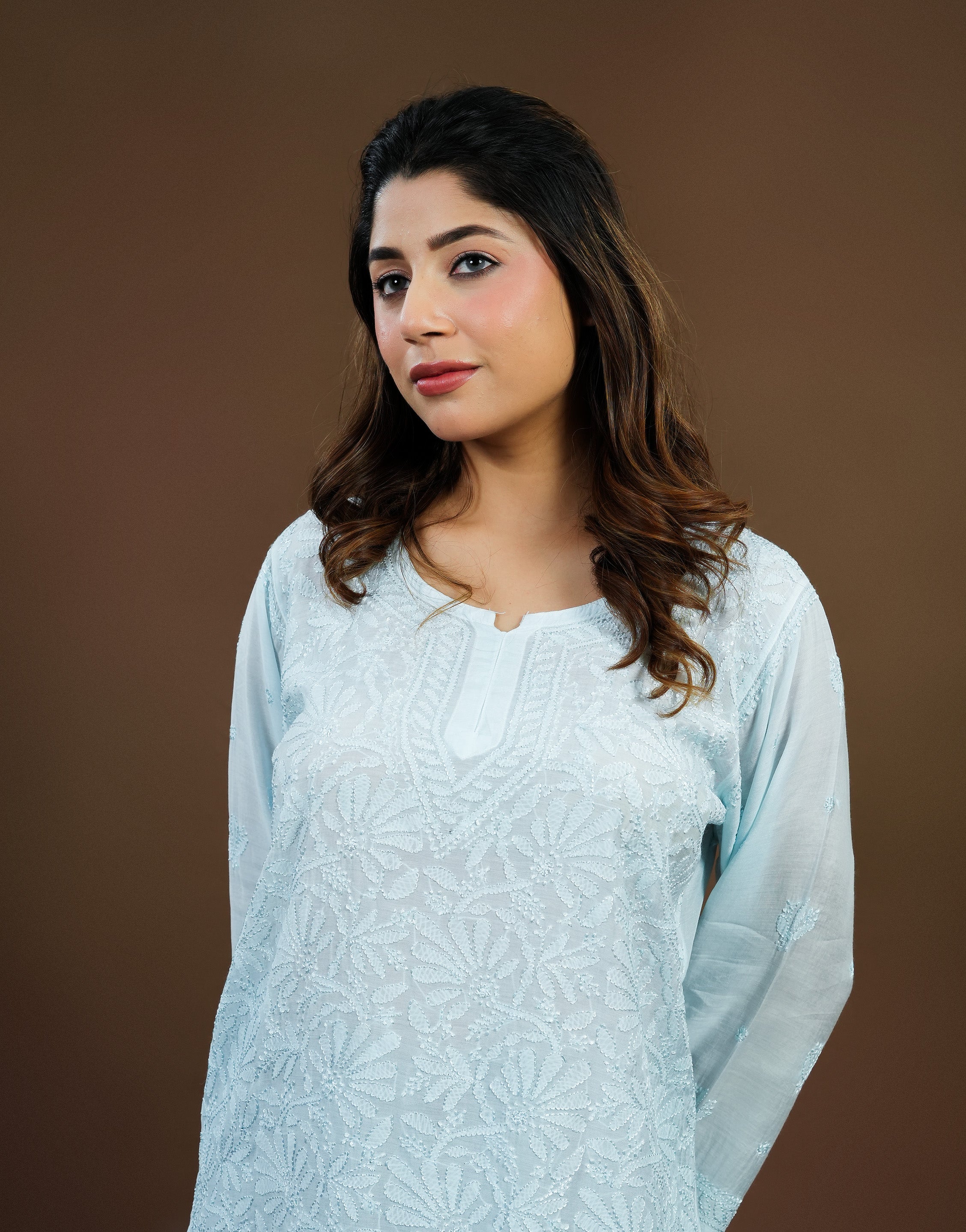 Chikankari Muslin Short Kurti Full Jaal - Blue