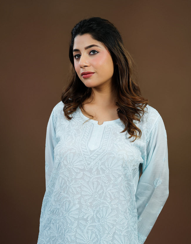 Urviya Chikankari Muslin Short Kurti - Silk Thread Full Jaal Work Light Blue