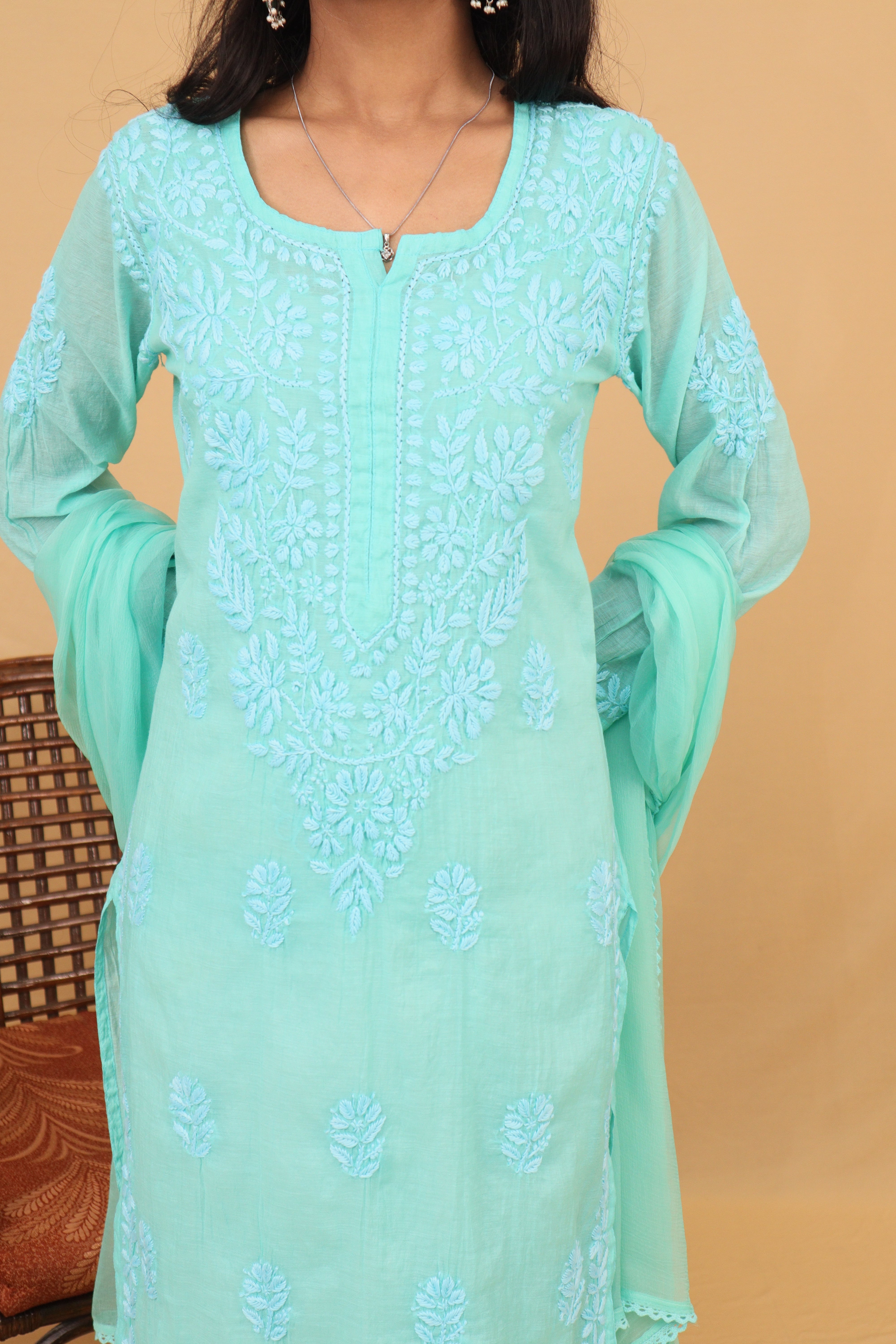 Sea Blue Mul Chanderi Long Kurti 3 Piece Set