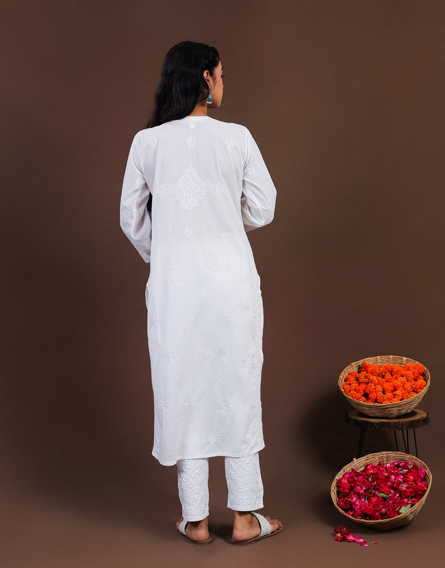 Urviya Chikankari Mul Cotton Long Kurti - Full Jaal White