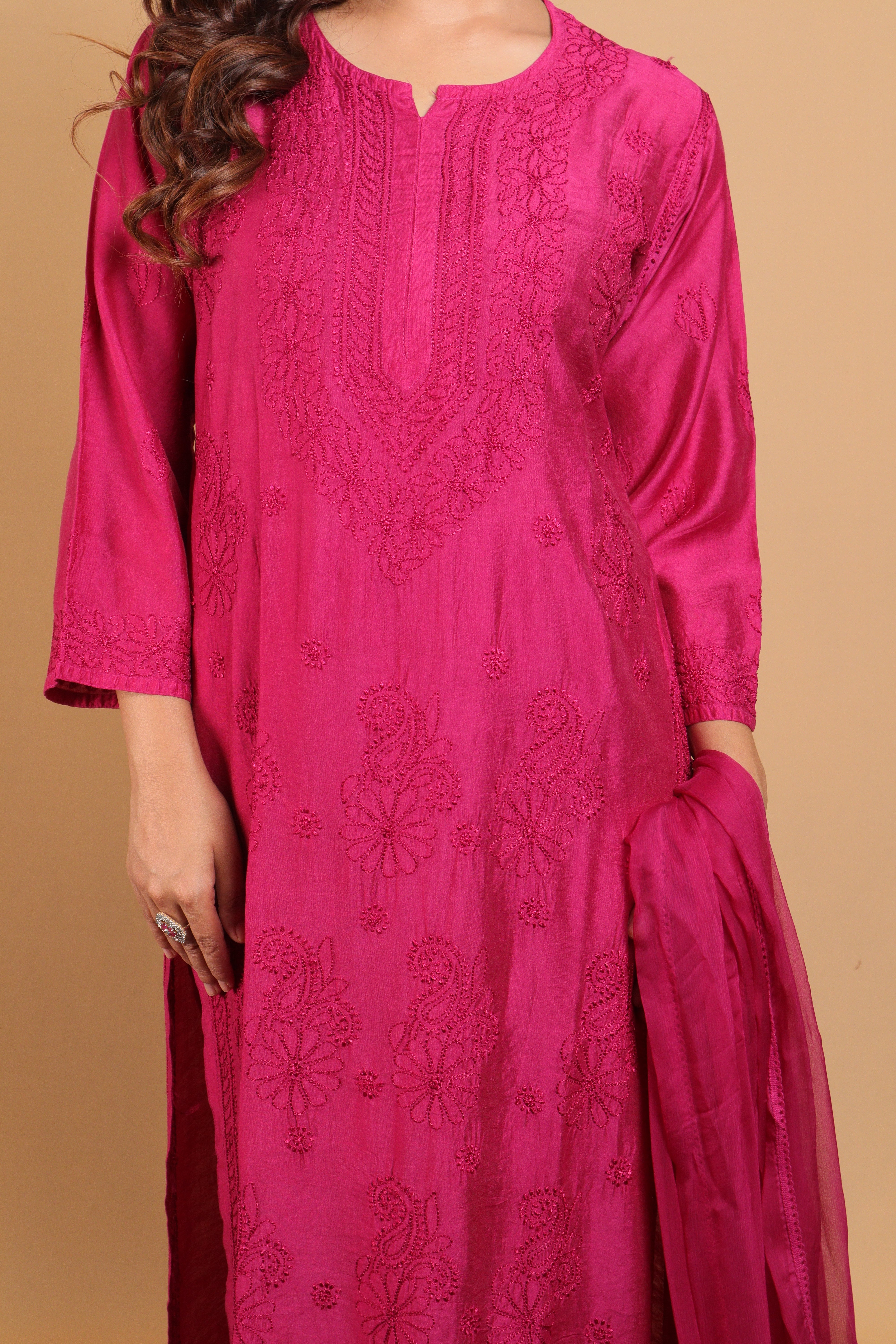 Purple Chanderi Long Kurti 3 Piece Set