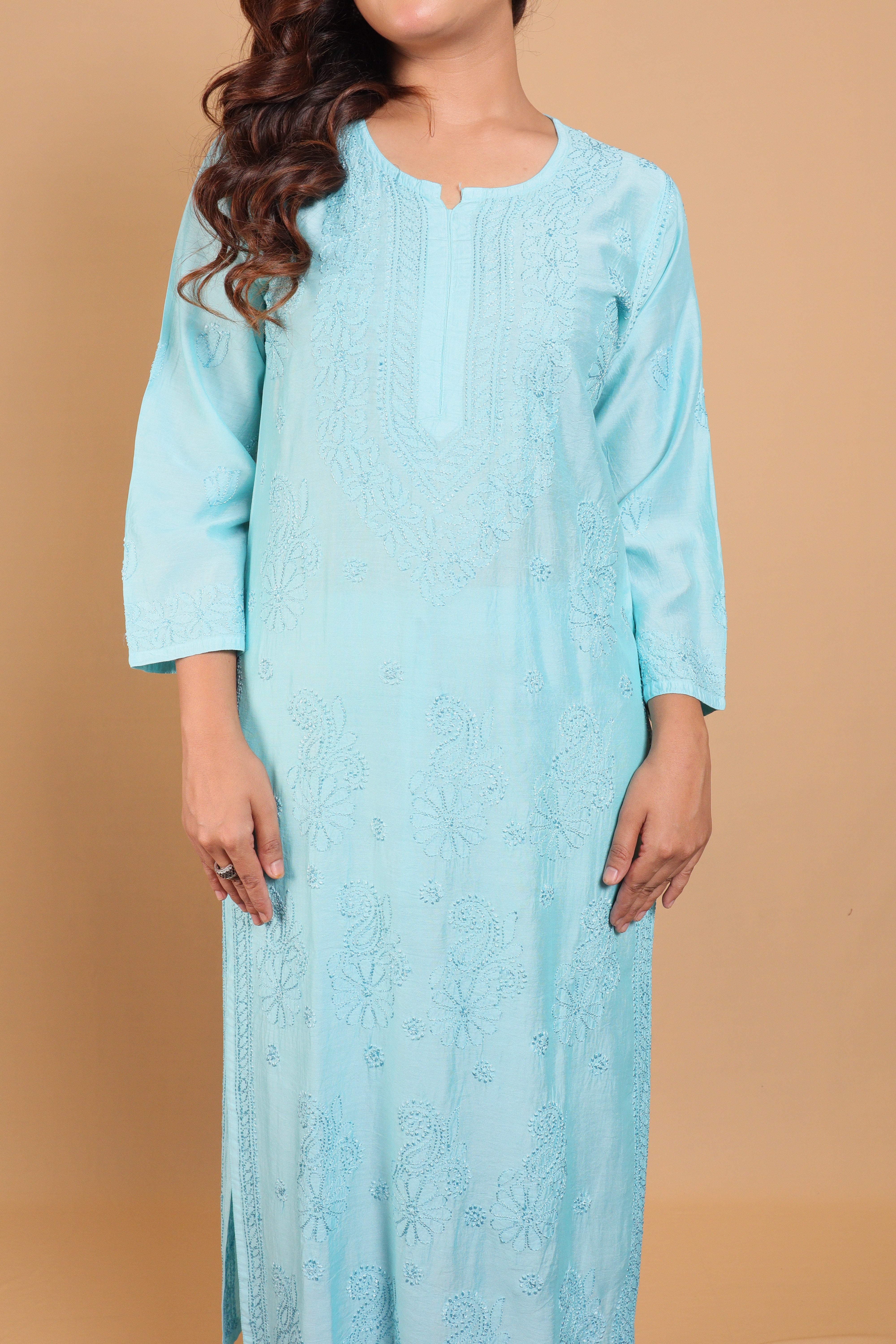 Sea Green Chanderi Long Kurti 2 Piece Set