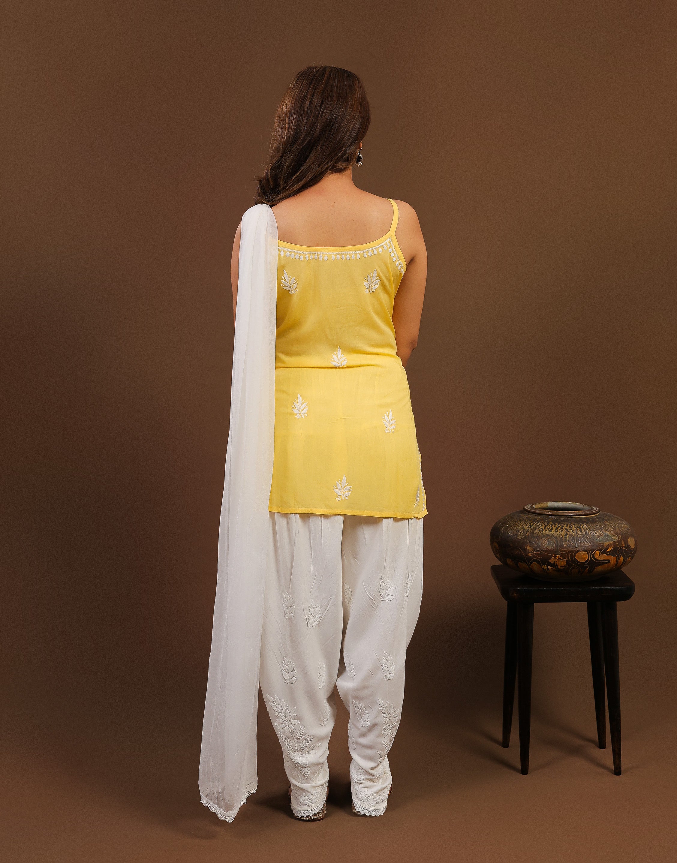 Chikankari Modal Spaghetti Strap Short Kurti - Yellow
