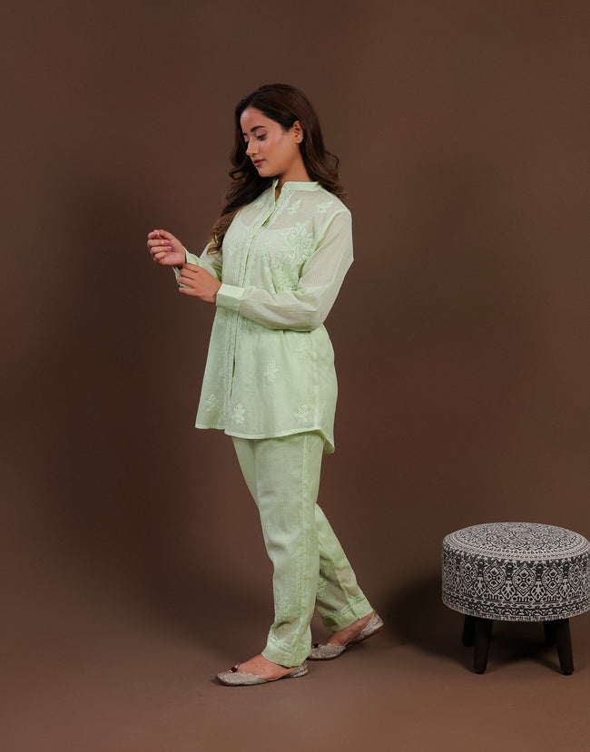 Urviya Chikankari Co-ord Set Maheshwari Cotton Light Green