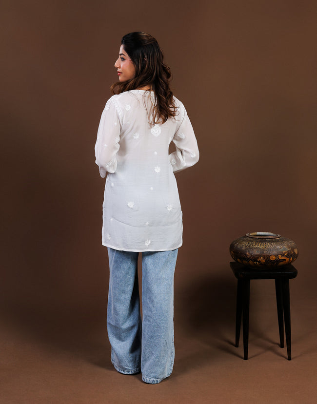 Urviya  Chikankari Muslin Short Kurti – Daraj Work White