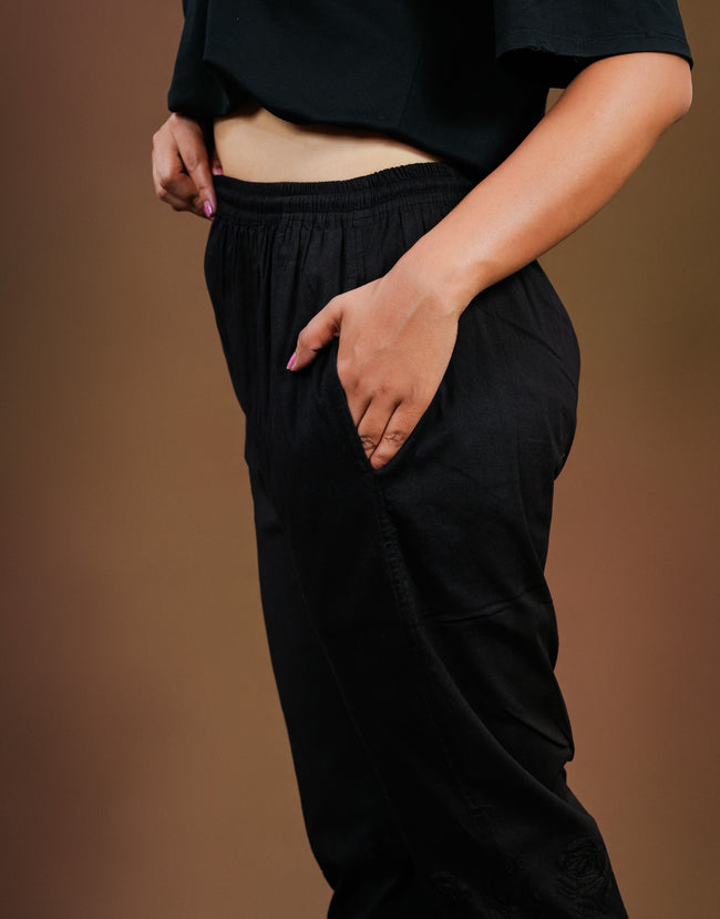Urviya Chikankari Cotton Cigarette Black Pant