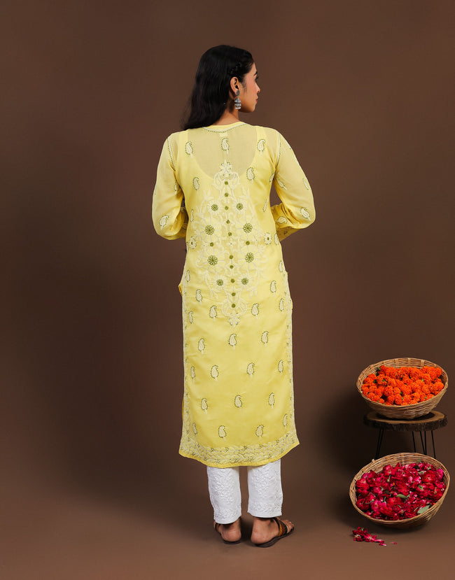 Urviya Chikankari Cotton Long Kurti Yellow - Coloured Thread