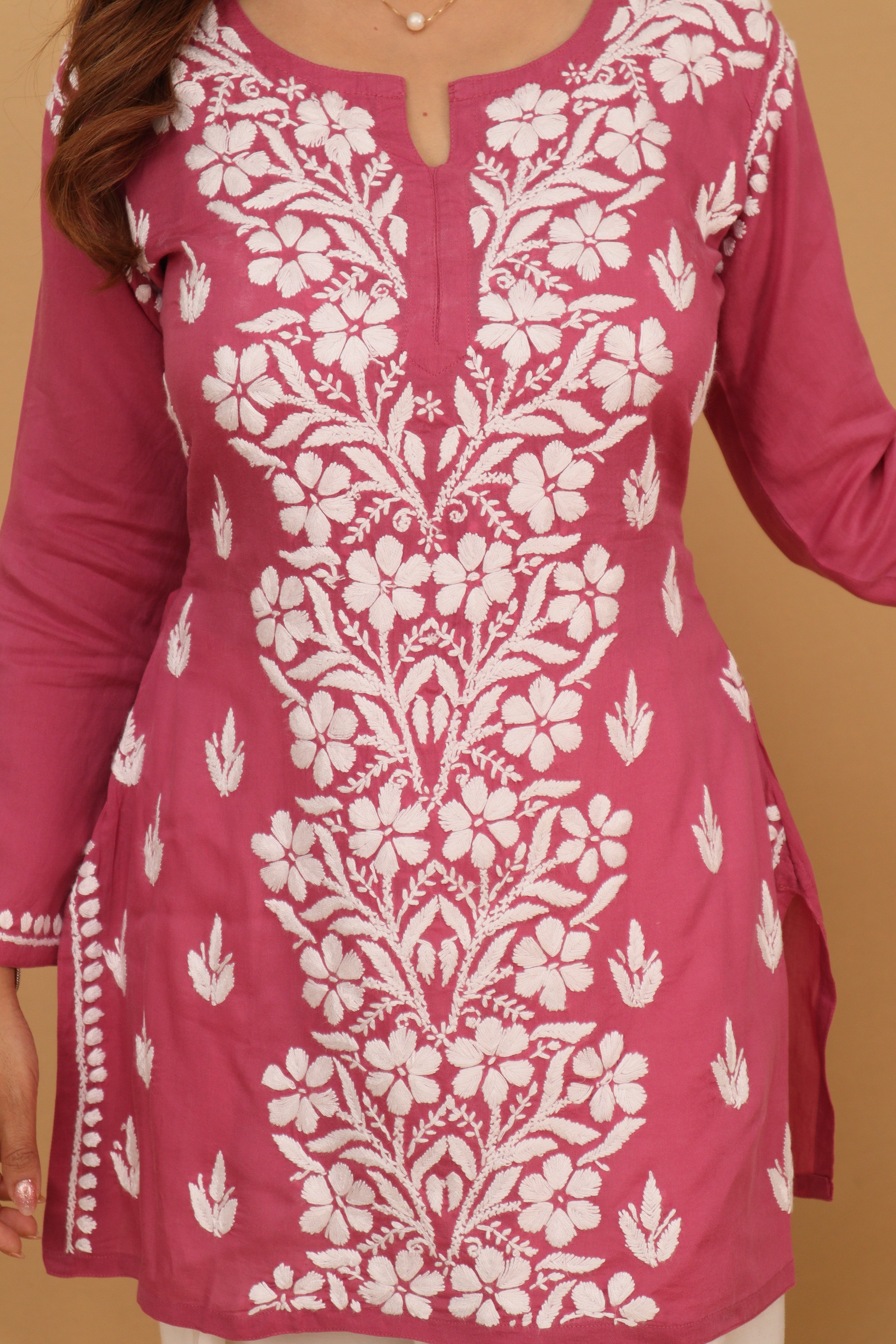 Pink Rayon Short Kurta Panel 3 Piece Set