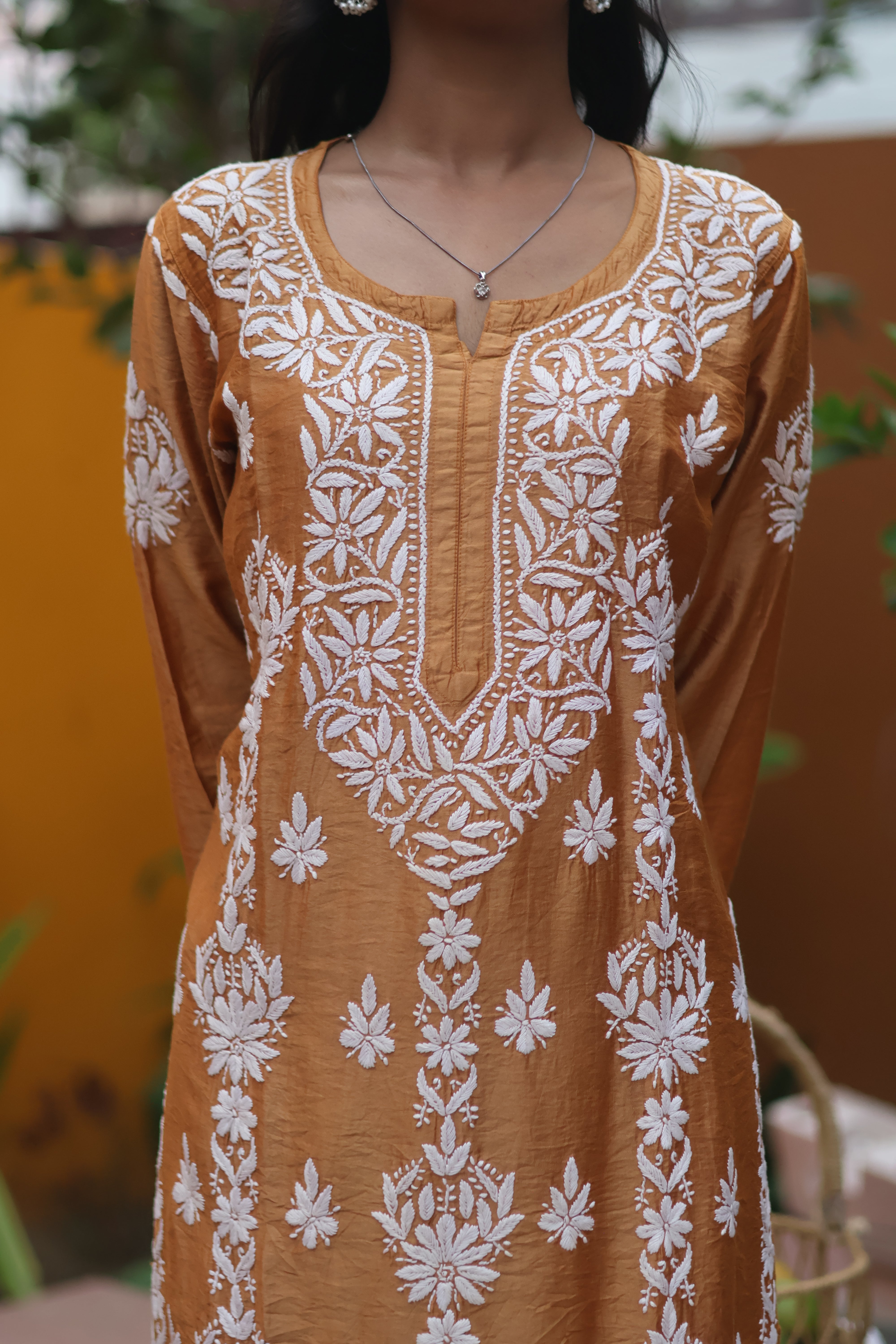 Mustard Chanderi White Thread Ghaaspatti 3 Piece Set