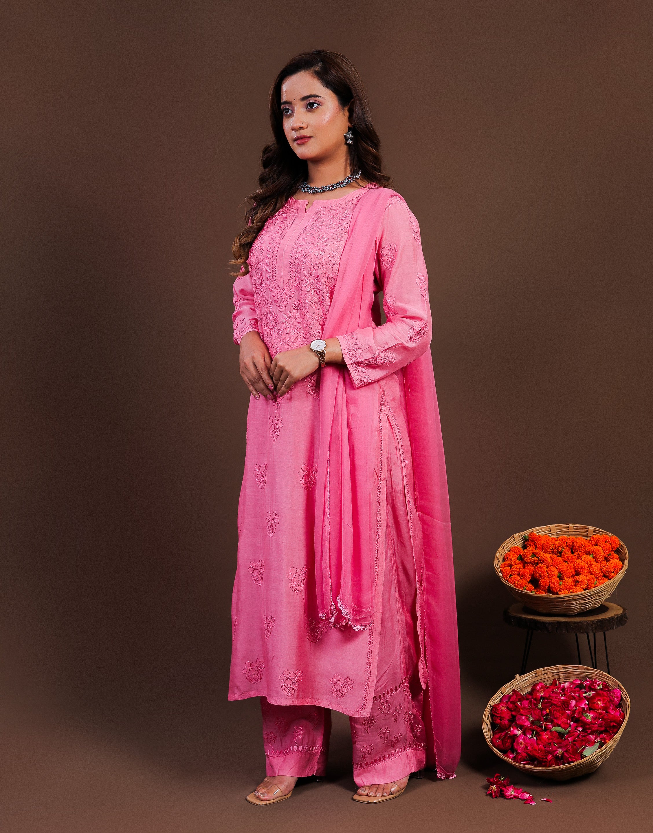 Urviya Chikankari Muslin 3 piece set - Bakhiya Ghaaspatti Work and Gala Boota Pink