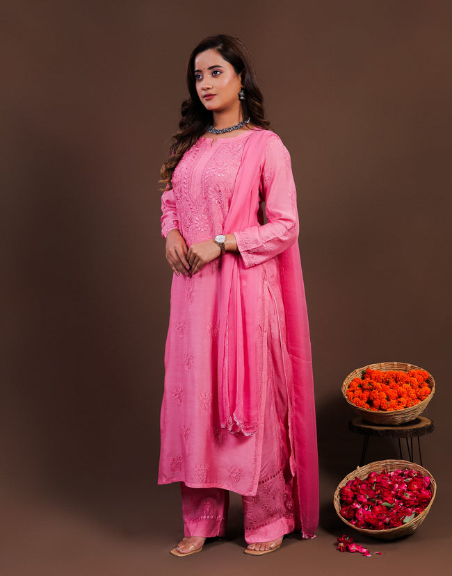 Urviya Chikankari Muslin 3 piece set - Bakhiya Ghaaspatti Work and Gala Boota Brick Red