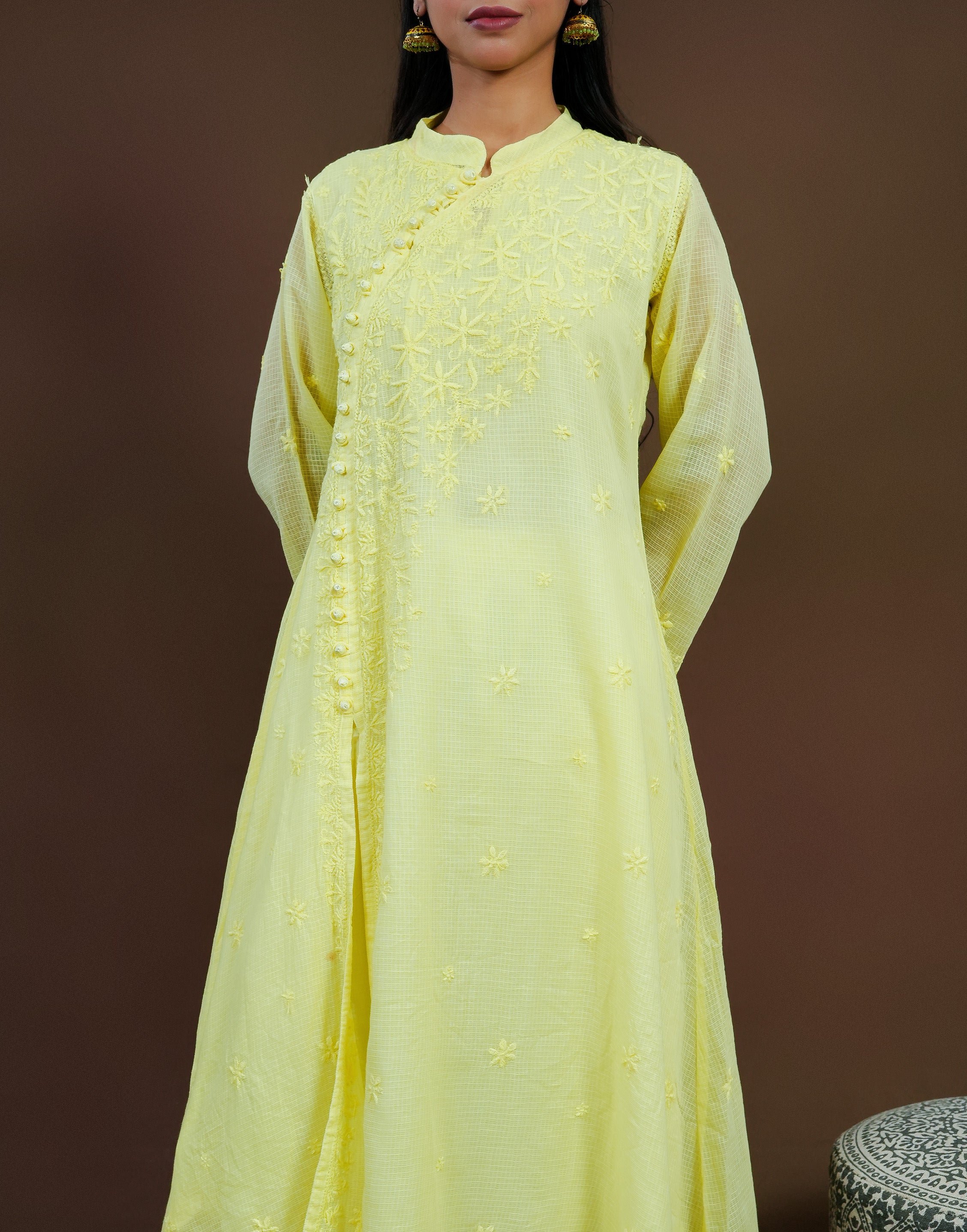 Urviya Chikankari Kota Doria Long Kurti - Side Button Yellow