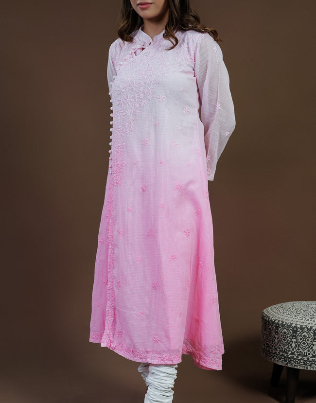 Urviya Chikankari Kota Doria Long Kurti - Side Button Pink Ombre