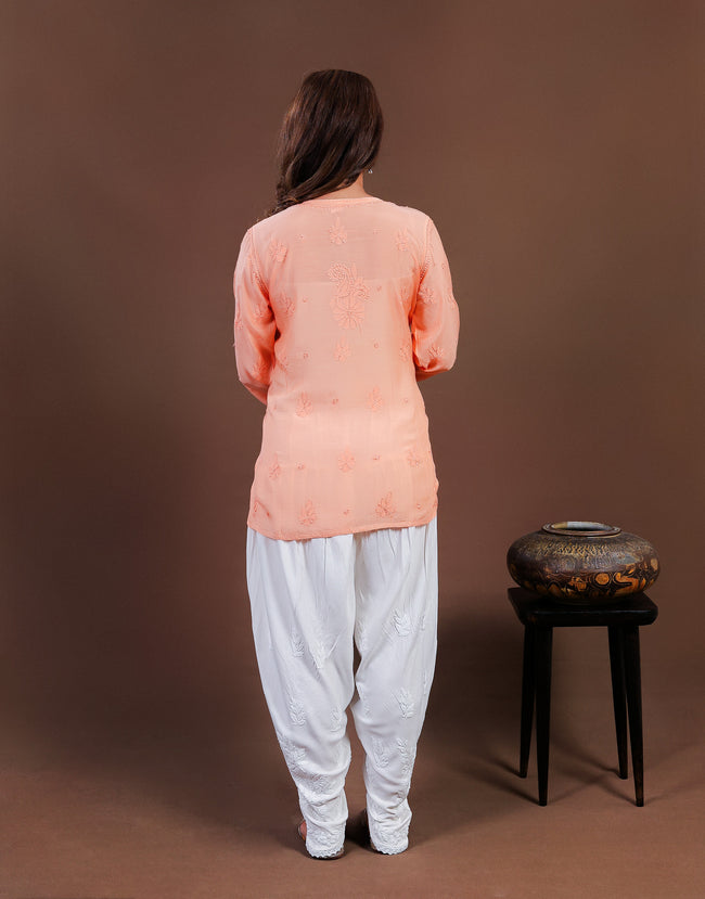 Urviya Chikankari Muslin Short Kurti - Silk Thread Full Jaal Work Peach