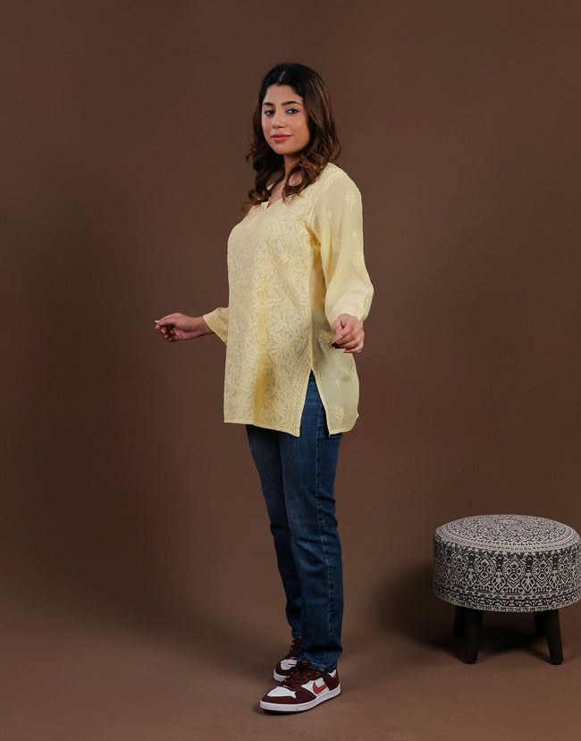 Urviya Chikankari Muslin Short Kurti - Silk Thread Full Jaal Work Yellow