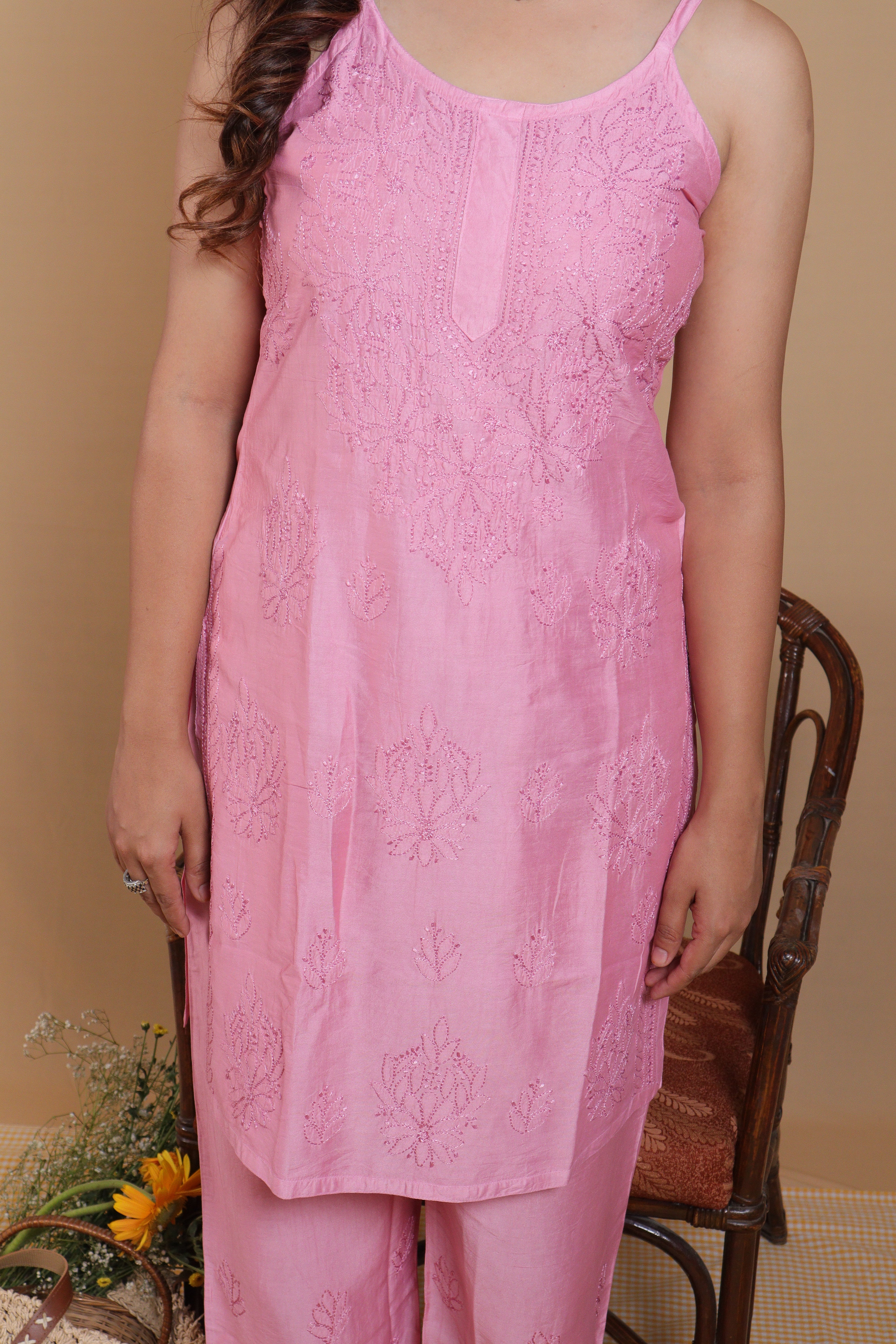 Pink Chanderi Spaghetti Bakhiya 3 Piece Set