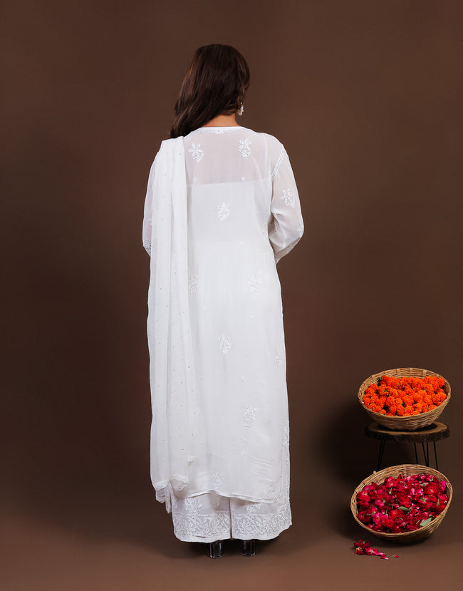 Urviya Chikankari Georgette 3 Piece set with Mukaish Work White