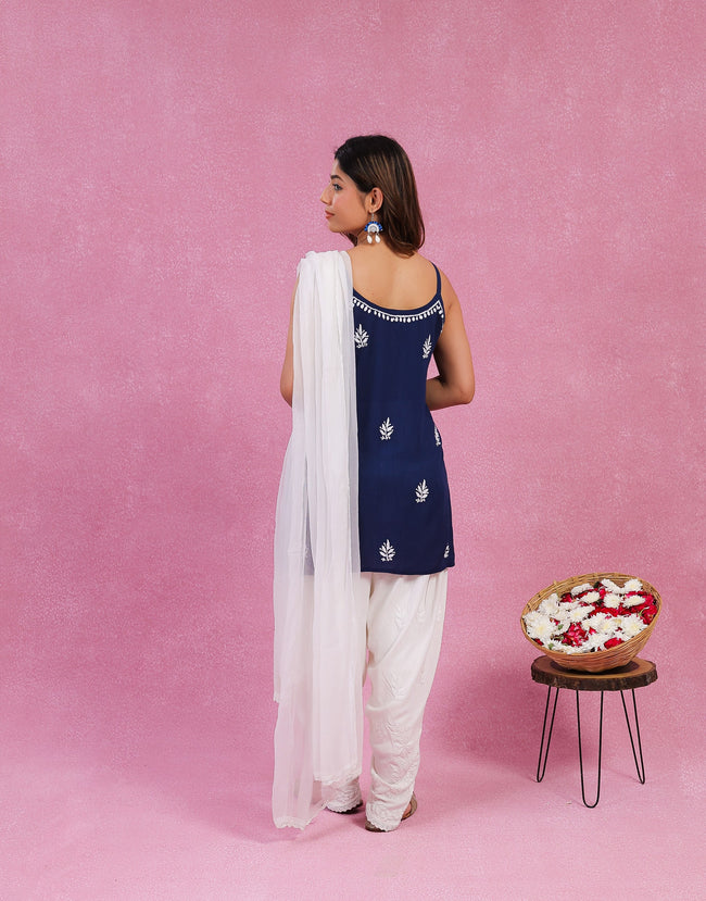 Urviya Chikankari Modal Short Kurti - Spaghetti Strap Top Dark Blue