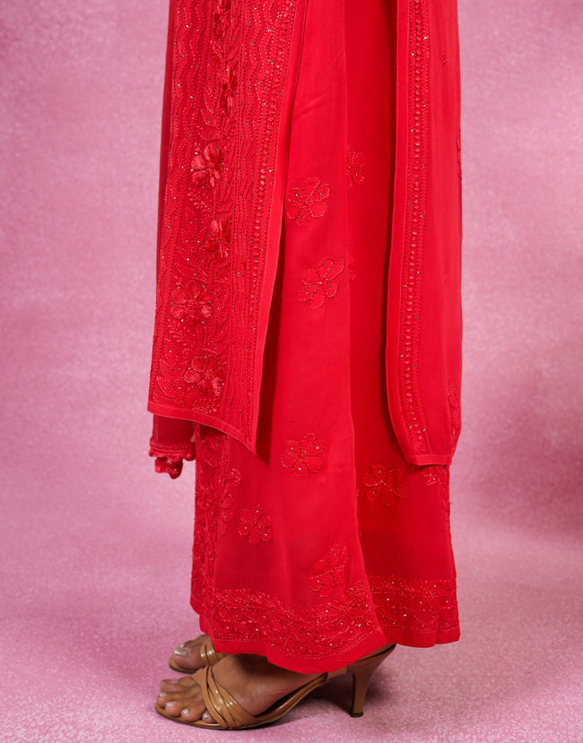 Urviya Chikankari Georgette 3 Piece set with Mukaish Work Ombre Red