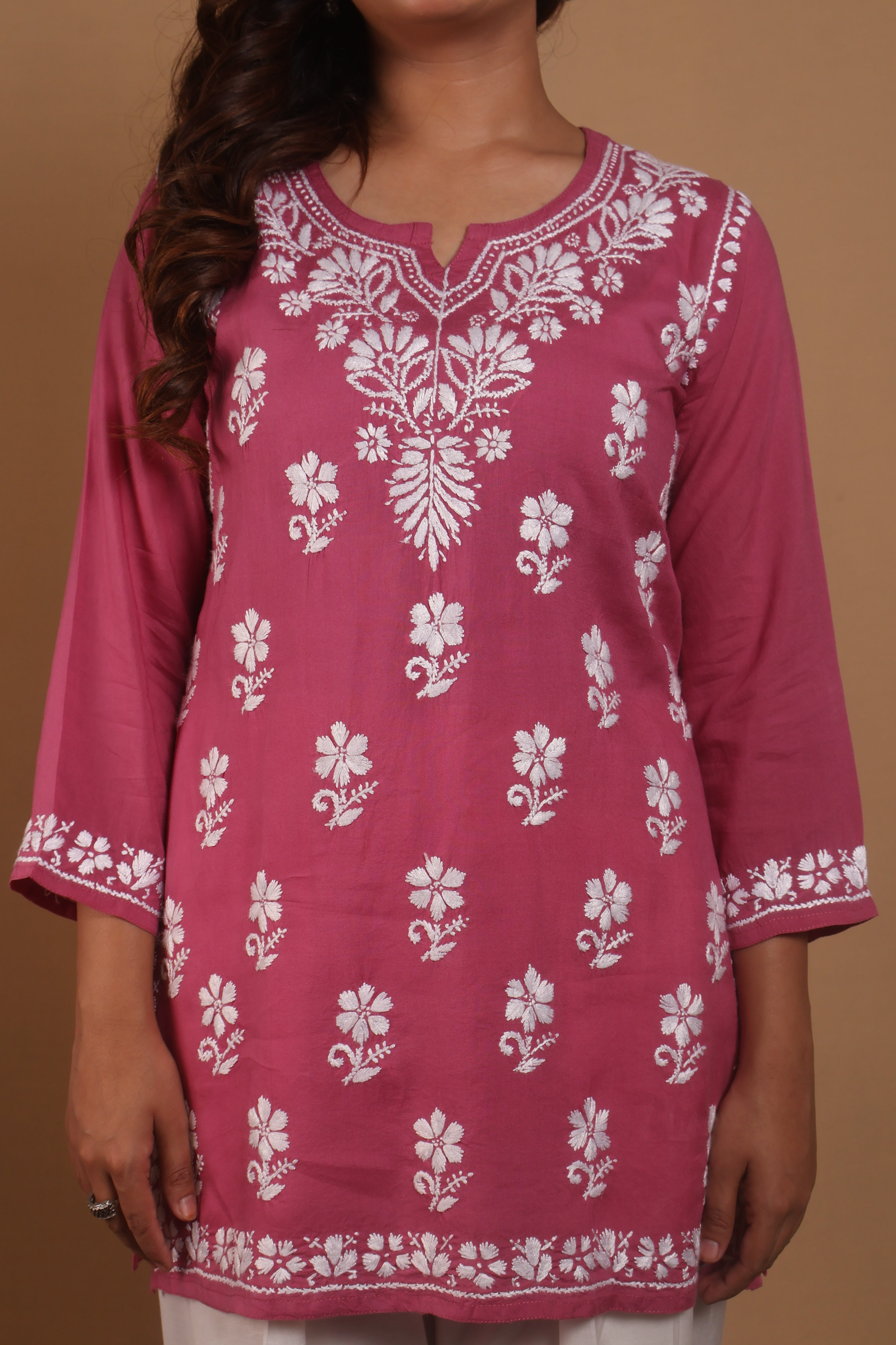 Pink Rayon Short Kurta Gala Boota
